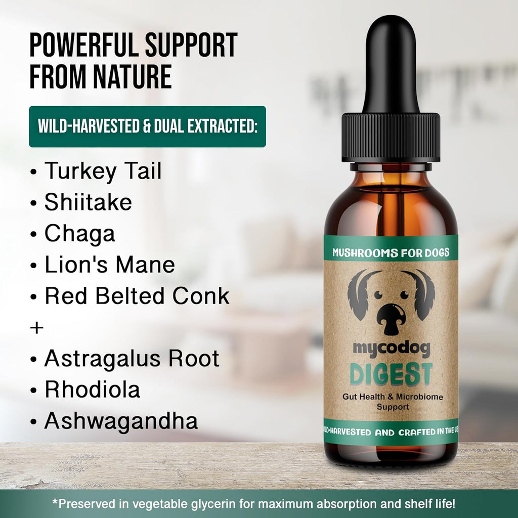 MycoDog Digest - Mushroom Extract & Adaptogen Tincture Dog Supplement - Dog Digestive Support Blend - Roots, Herbs, & Mushroom Extracts Including Chaga, Shiitake, & Turkey Tail