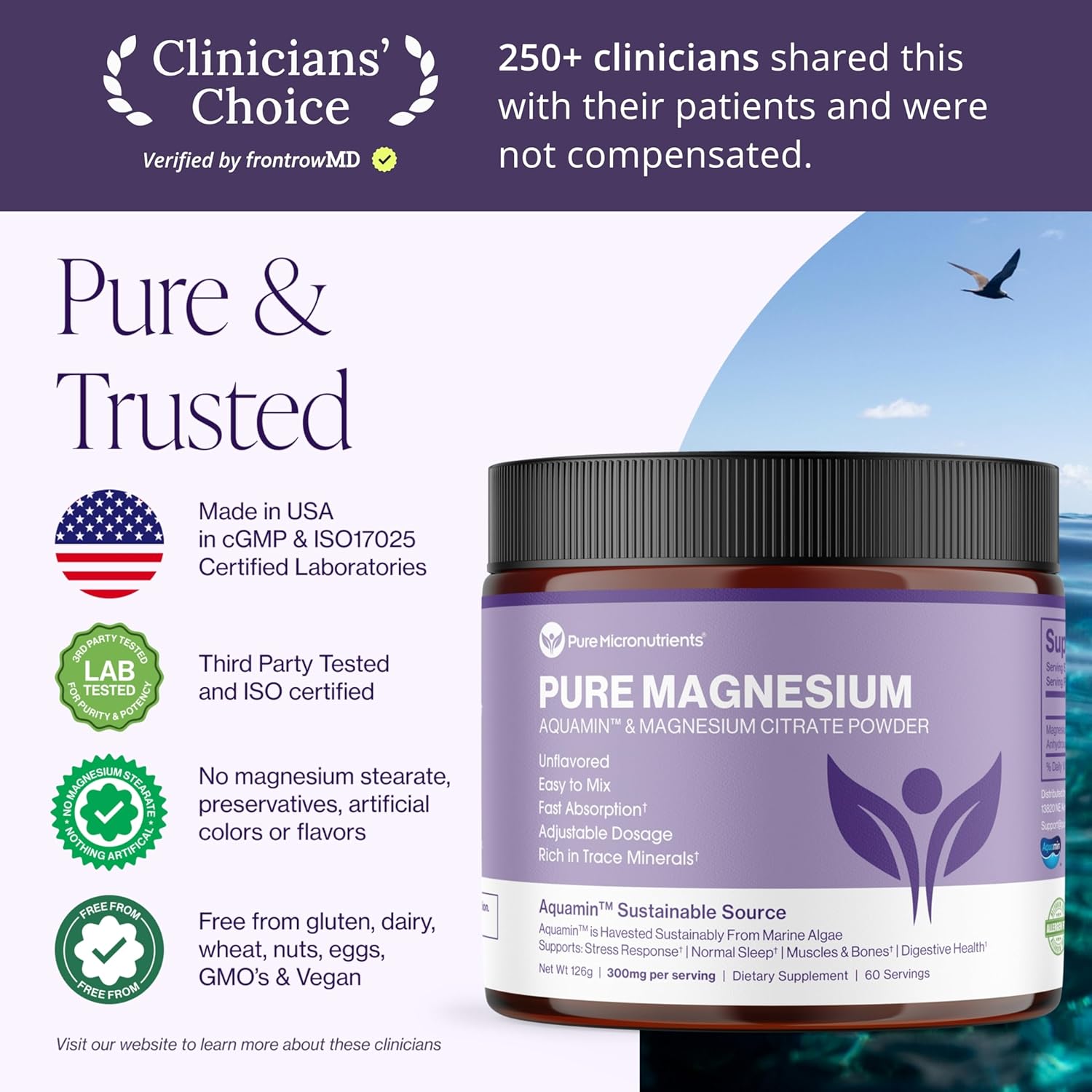 Pure Magnesium Citrate Powder to Support Sleep, Muscle & Bone Health, Energy, Heart & Digestion. Unflavored Magnesium Powder Drink Mix, Vegan, 60 Servings