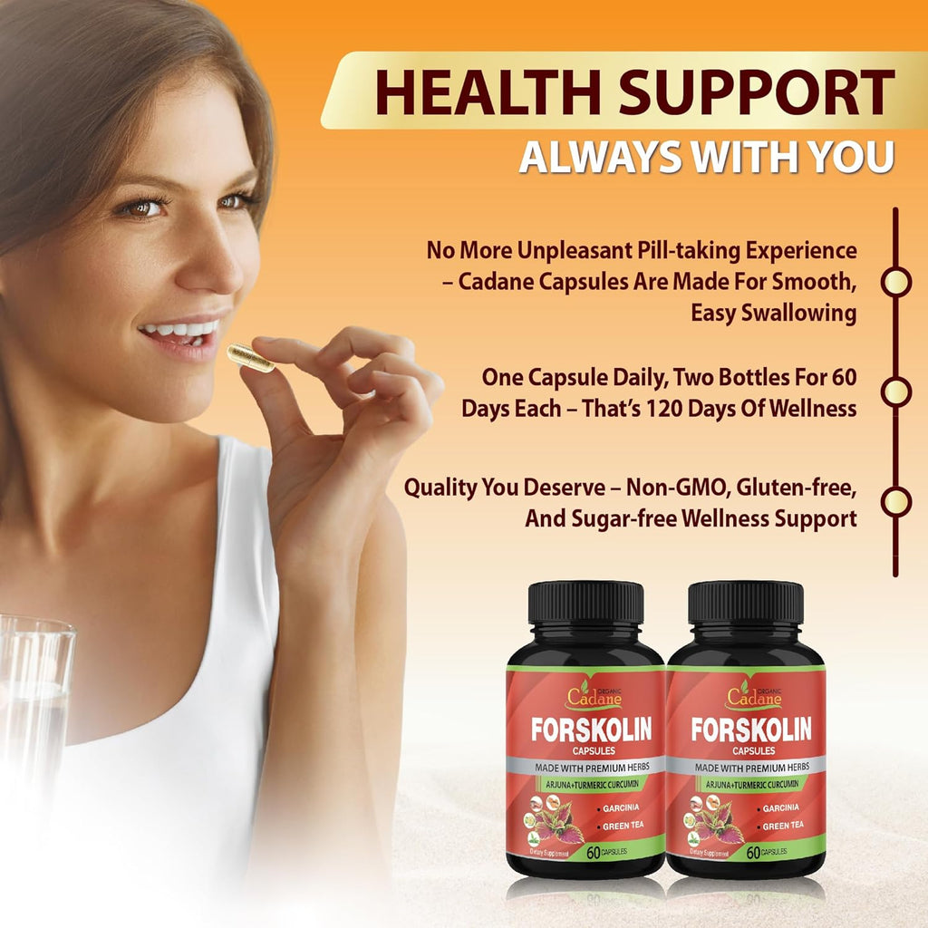 Organic Cadane 2 Packs Forskolin Supplements Capsules & Turmeric, Arjuna, Garcinia Cambogia, Green Tea - Maximum Strength Coleus Forskohlii Extract - Support Energy Production & Immune System