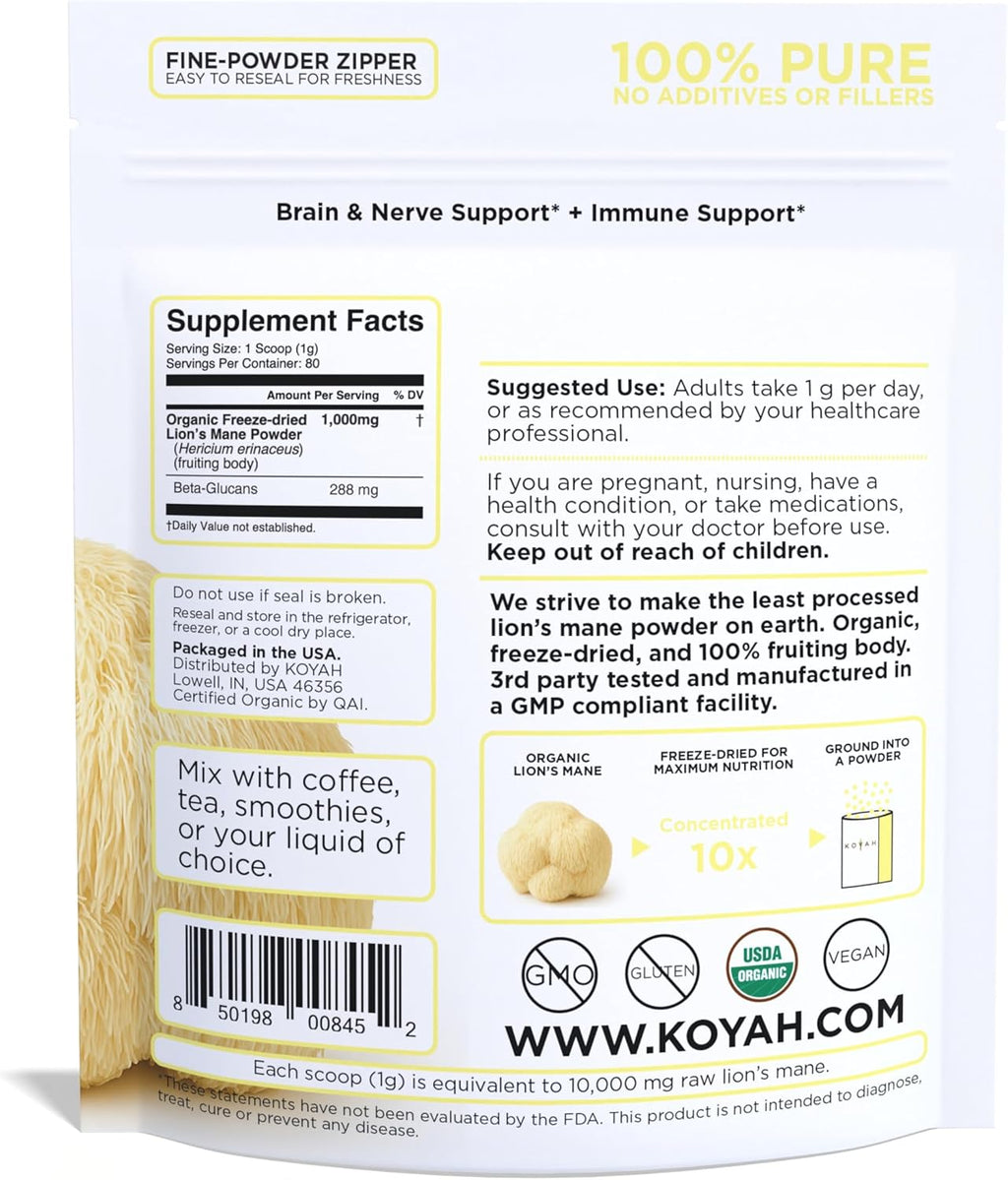 KOYAH - Organic USA Lion's Mane Mushroom Powder - 80 Servings - 100% Fruiting Body, Freeze-Dried, 3rd Party Tested for Beta-Glucans, Non-GMO, Vegan. Brain & Nerve Support. Immune Support.