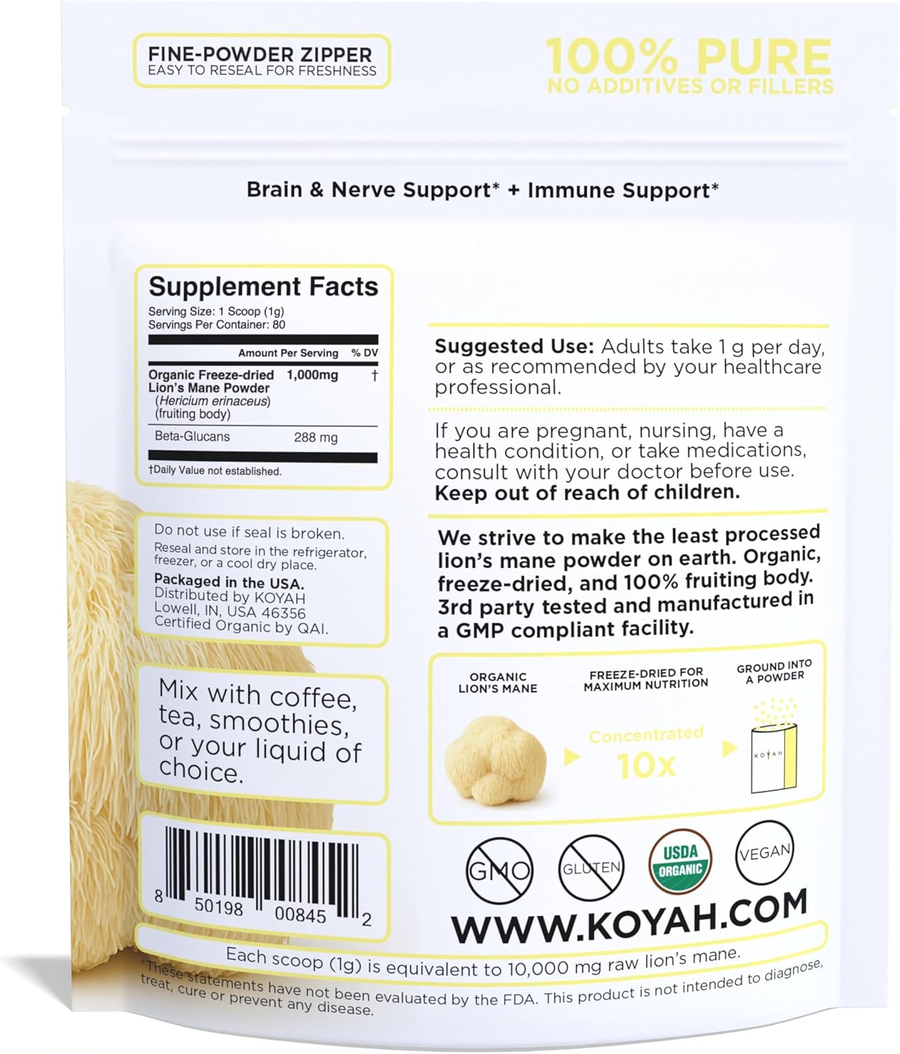 KOYAH - Organic USA Lion's Mane Mushroom Powder - 80 Servings - 100% Fruiting Body, Freeze-Dried, 3rd Party Tested for Beta-Glucans, Non-GMO, Vegan. Brain & Nerve Support. Immune Support.
