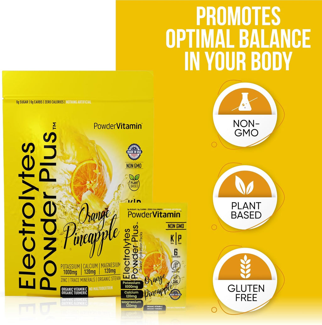PowderVitamin Electrolytes Powder Plus, Keto, Orange Pineapple, Sugar Free, Pink Himalayan Salt, 1000mg Potassium, 120mg Calcium, 120mg Magnesium, Non-GMO, Zero Calories, (16 Hydration Packets)