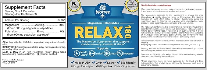 BioTree Labs Relax 180 - Pack of 120, Magnesium & Potassium Supplement with Electrolytes | Supports Muscle Pain, Spasms & Tension | 60 Days