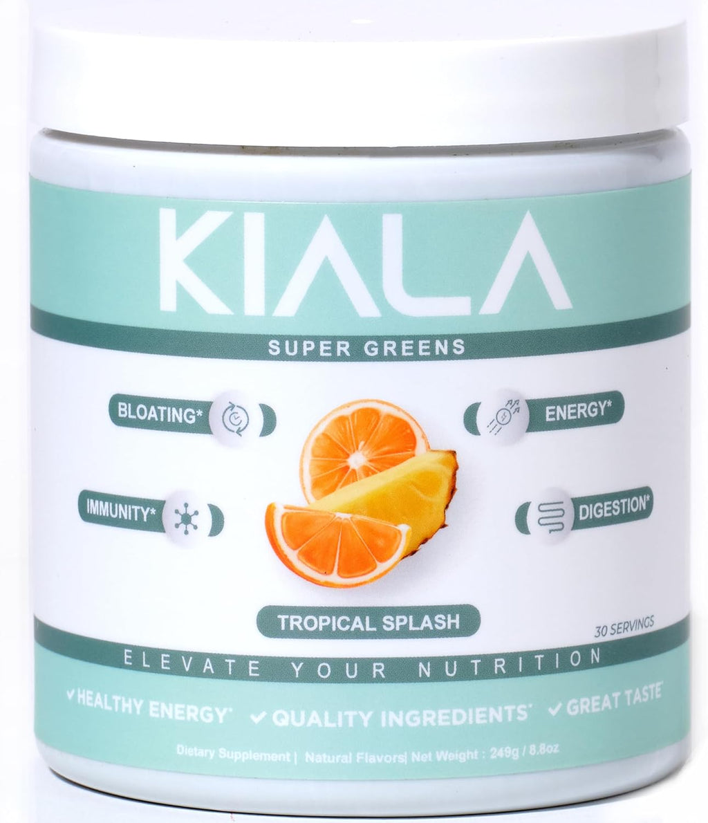 Kiala Nutrition Super Greens, Organic Greens Powder with Spirulina & Chlorella for Digestion, Gut Health, Immunity, Energy, Gluten Free, Vegan, Sugar Free, Spectra Blend, Tropical Splash, 30 Servings