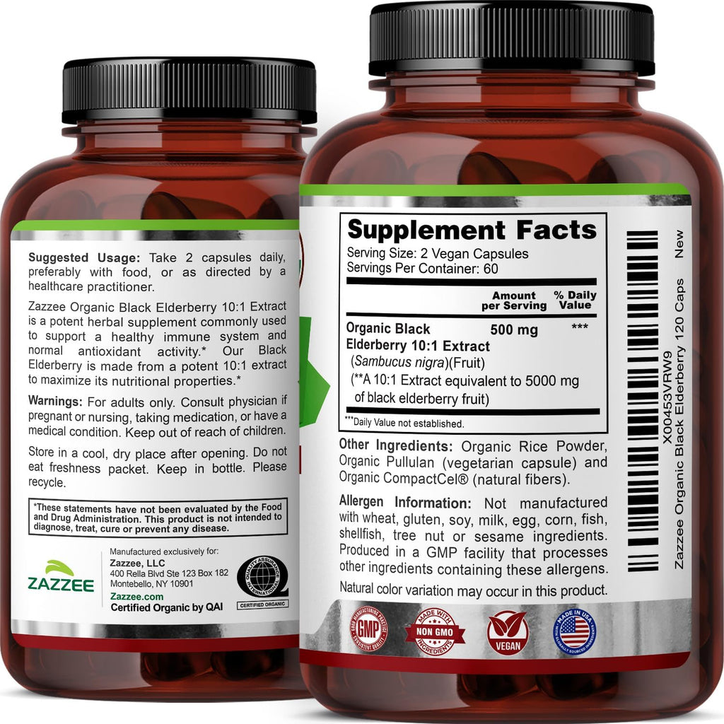 Zazzee USDA Organic Black Elderberry 10:1 Extract, 5000 mg Strength, 120 Vegan Capsules, 2 Month Supply, Standardized, Concentrated 10X Extract, 100% Vegetarian, All-Natural, Non-GMO, Made in The USA