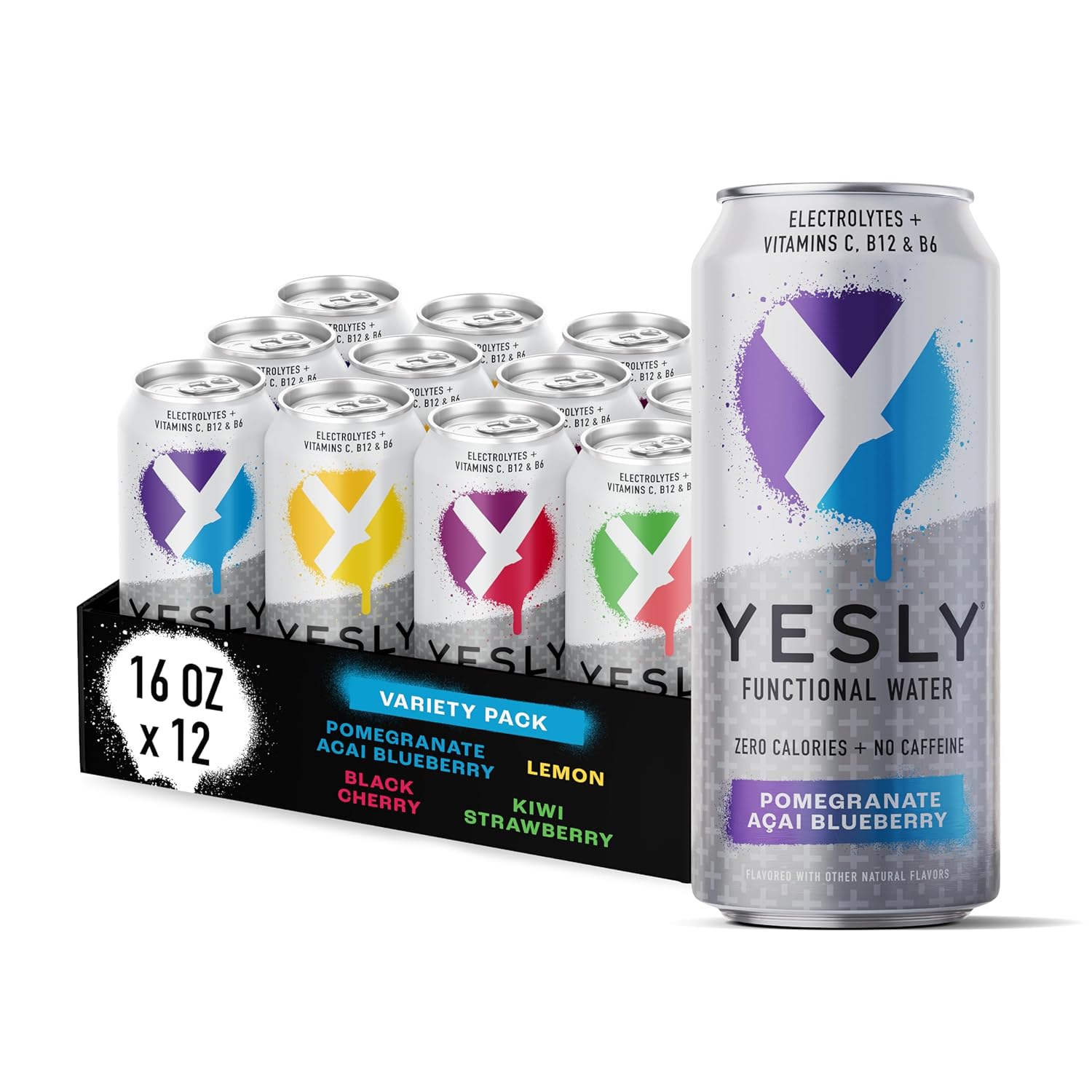 Yesly Functional Water, Variety Pack, Naturally Flavored Still Water with Electrolytes, Magnesium, Potassium, Vitamin C, B6 & B12, Zero Sugar, No Artificial Sweeteners, 16 Fl Oz Cans, 12 Pack
