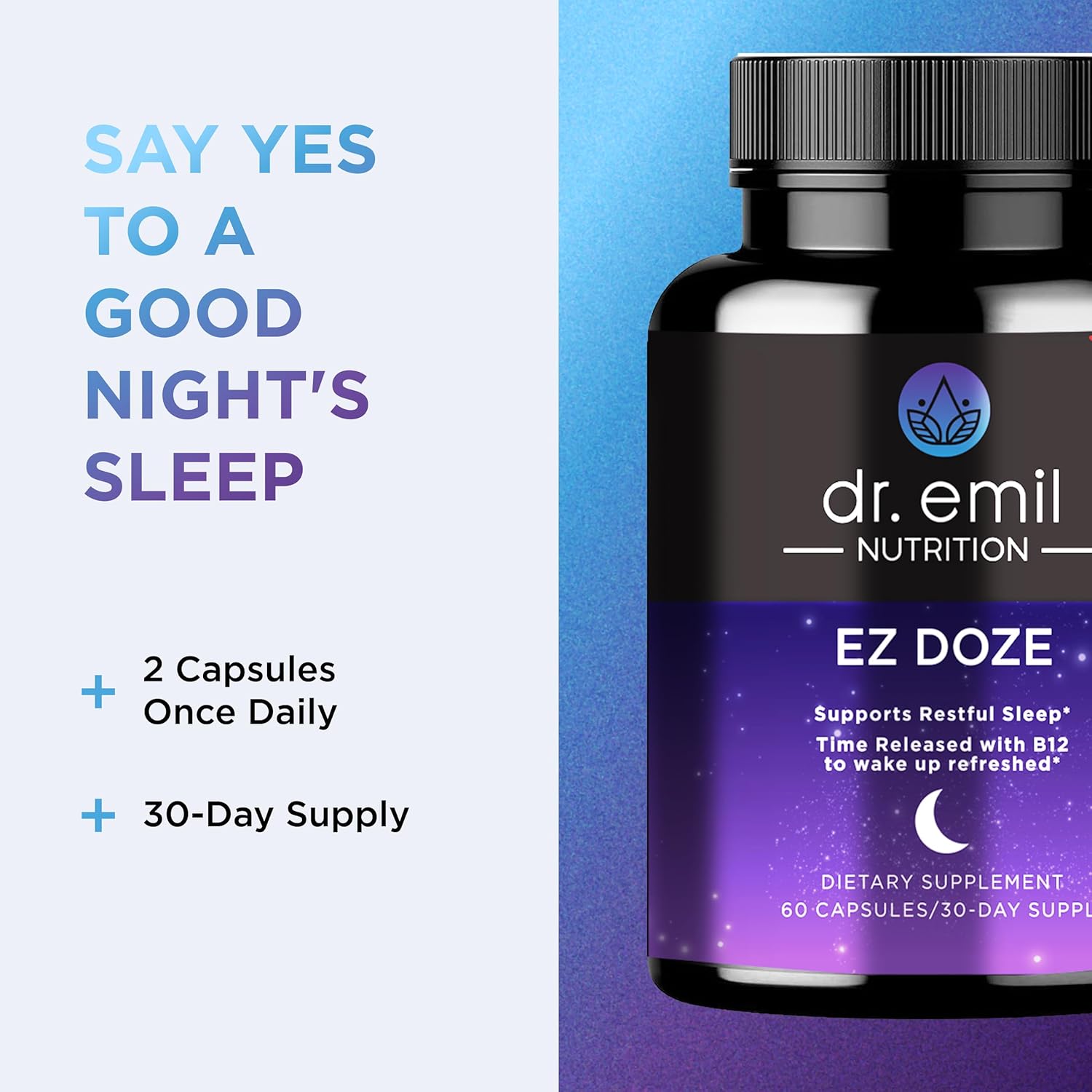 DR. EMIL NUTRITION EZ Doze Melatonin-Free Natural Sleep Aid with L-Theanine, GABA & 5HTP - Extra Strength Sleeping Pills for Adults - Safe and Non-Habit Forming (60 Veggie Capsules)