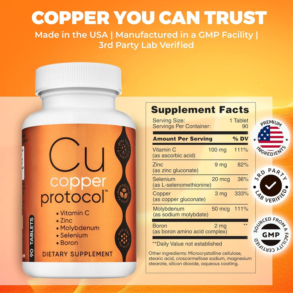 Copper Supplements for Women and Men (90 Capsules) Boosts Energy, Nourishes Body, Anti-Aging Formula, Includes Vitamin C, Zinc & Selenium, Non-GMO, Made in USA - GMP Certified