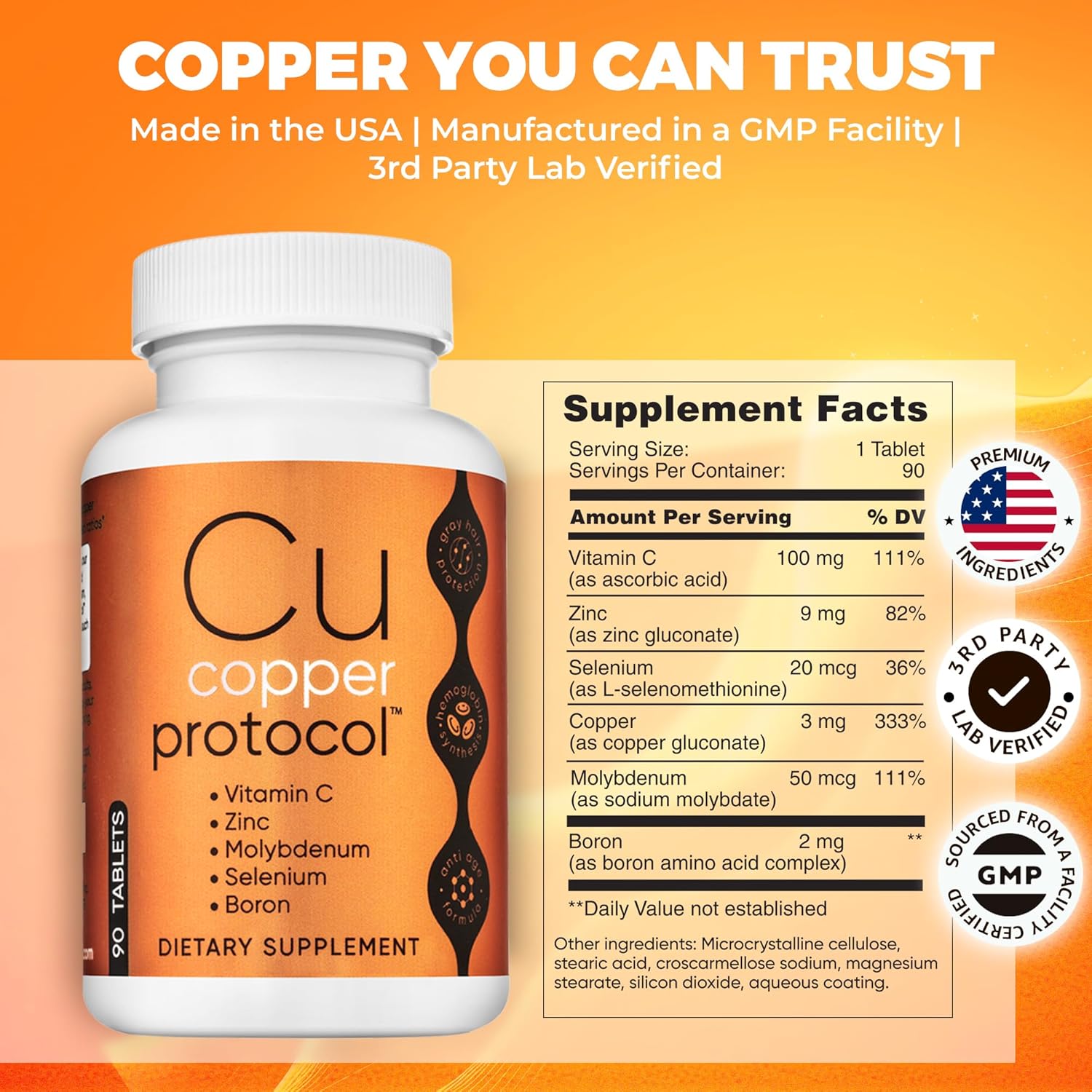Copper Supplements for Women and Men (90 Capsules) Boosts Energy, Nourishes Body, Anti-Aging Formula, Includes Vitamin C, Zinc & Selenium, Non-GMO, Made in USA - GMP Certified