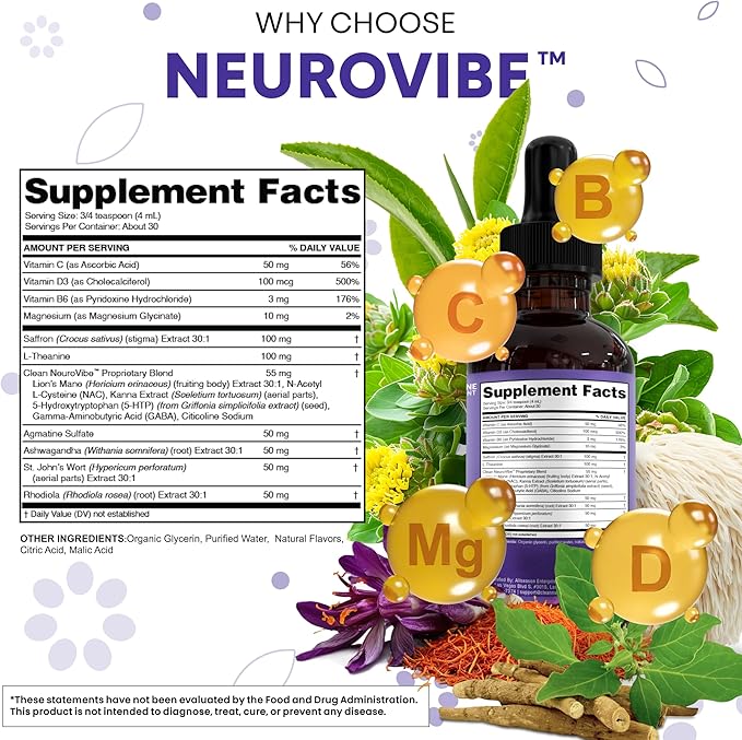Saffron Supplements Liquid Drops L-Theanine Agmatine Sulfate Ashwagandha Magnesium Glycinate B6 Magnesium Stress Relief Mood Support 5-HTP GABA Supplement Vitamin D 4oz by Clean Nutra