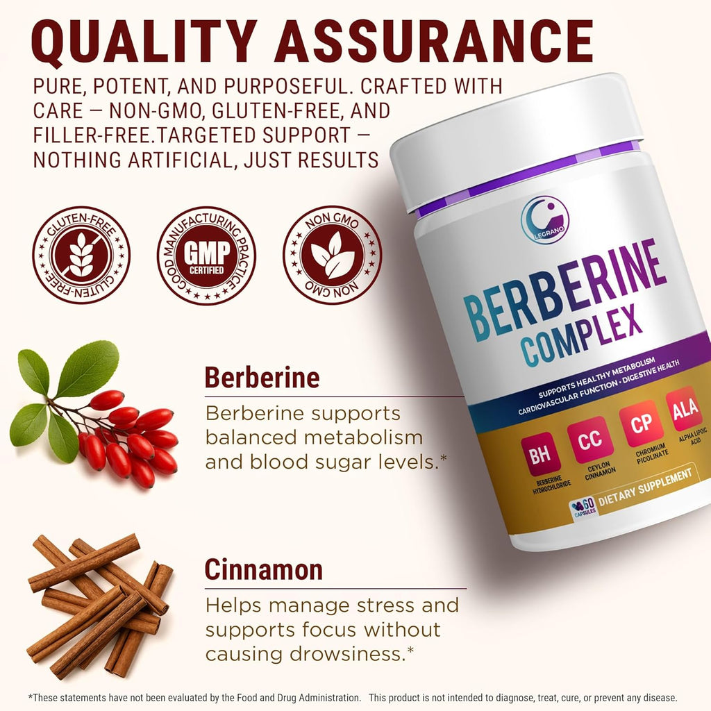 LEGRANO Berberine Supplement 500mg with Ceylon Cinnamon, ALA & Chromium – Berberine Complex for Glucose Metabolism & Heart Support – 60 Vegan Capsules