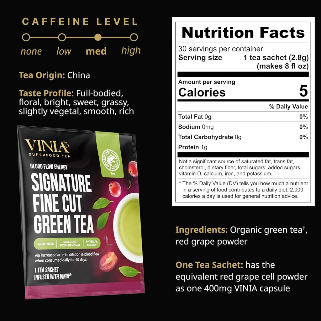 VINIA Signature Green Tea Bags, Made with Organic Green Tea, Infused with Piceid Resveratrol for Heart Health, Nitric Oxide, Physical Energy, Alertness, Blood Flow, Keto, Kosher, NON-GMO. 30 Ct
