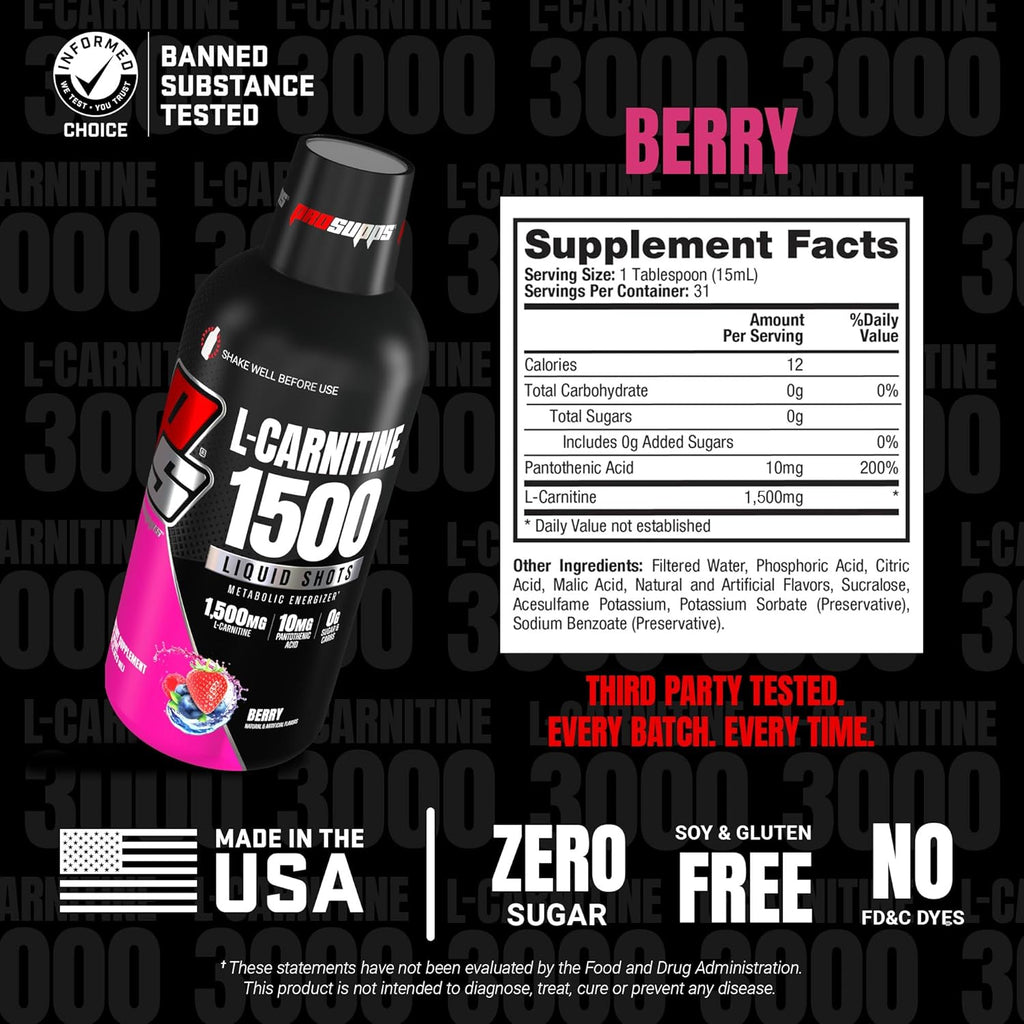 PROSUPPS L-Carnitine Liquid 1500, Stimulant-Free Liquid Shots for Men & Women - Clean Workout Drink for Energy, Performance & Muscle Recovery - No Sugar, No Carbs - 31 Servings, Berry