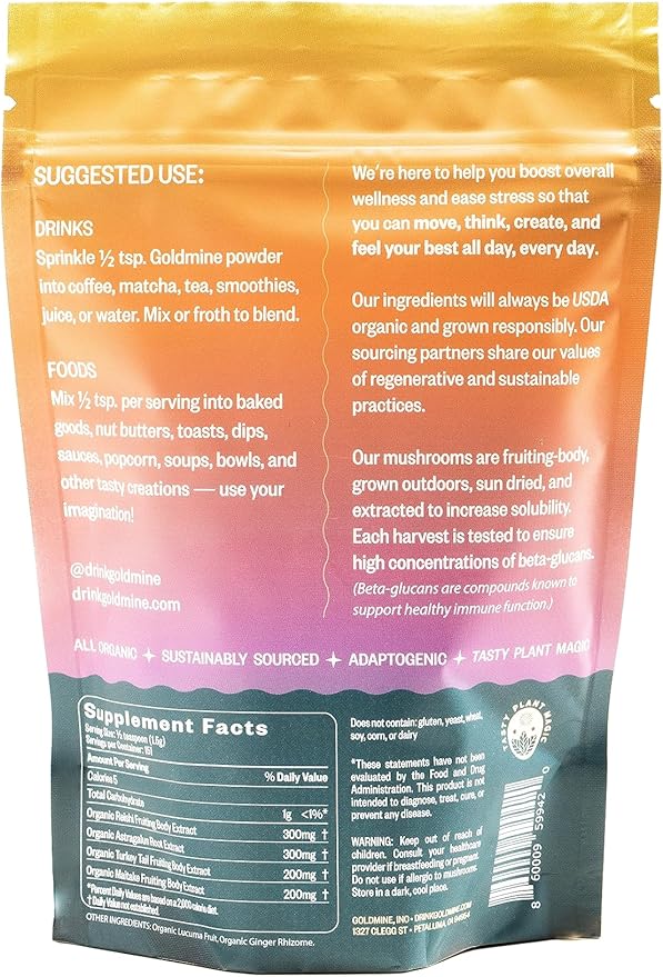 Goldmine Supershroom Functional Power Reishi Mushroom Supplement, Gluten Free Powerful Adaptogen Vegan Brain Supplement - Immunity Support Powder (227grams (8oz), Pouch)