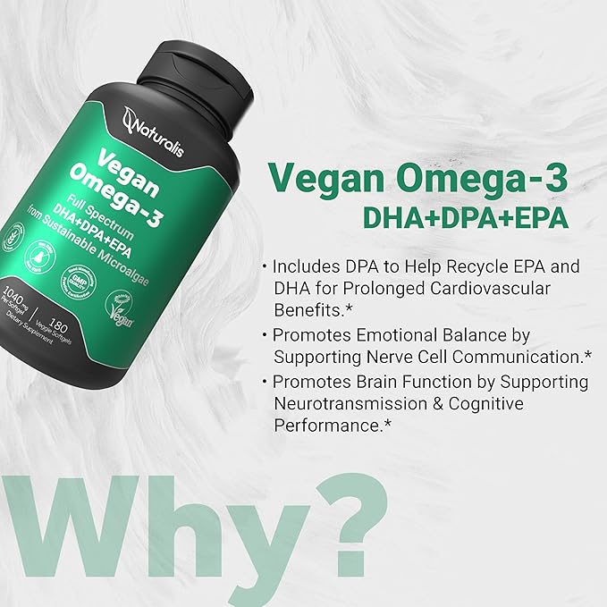 Naturalis Double Strength Vegan Omega 3 DHA, EPA & DPA from Microalgae | Vegan Society Certified, Sustainably Sourced, True Full Spectrum | 180 Veggie Softgels (Carrageenan Free)