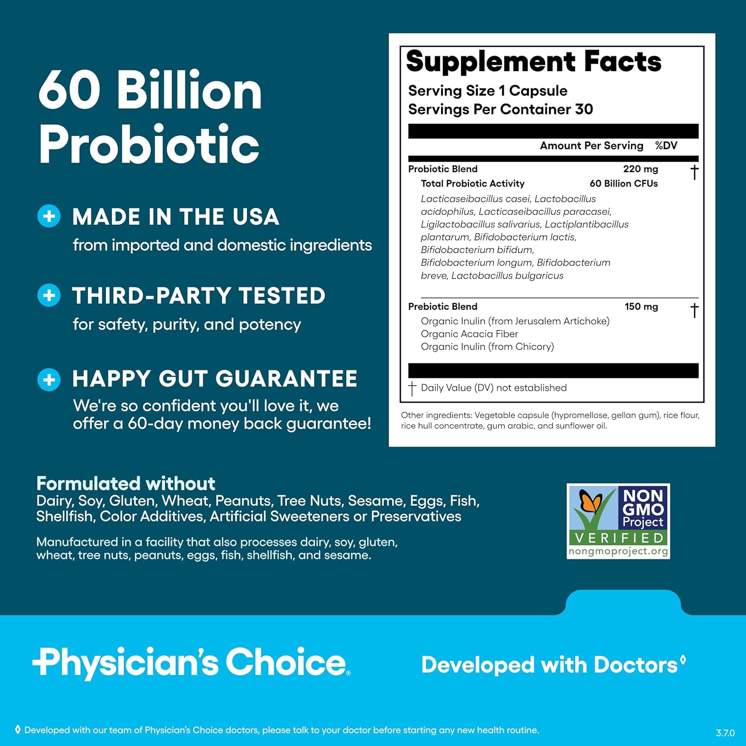 Physician's Choice Probiotics 60 Billion CFU - 10 Strains + Organic Prebiotics - Immune, Digestive & Gut Health - Supports Occasional Constipation, Diarrhea, Gas & Bloating - for Women & Men - 30ct