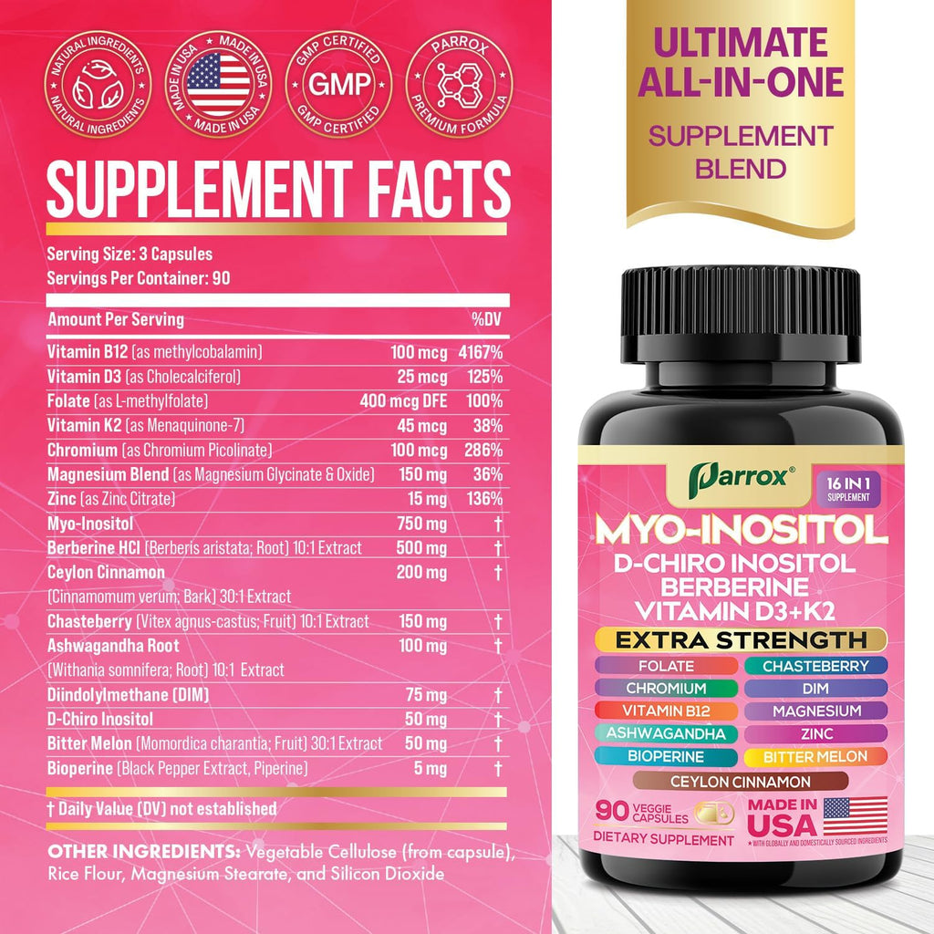 Myo-Inositol Supplement, Berberine, D-Chiro Inositol, Folate, Chromium, Vitamin D3, K2 & B12, DIM, Chasteberry, Ashwagandha, Ceylon Cinnamon, Zinc, Magnesium, Bioperine, Bitter Melon (3 Pack)