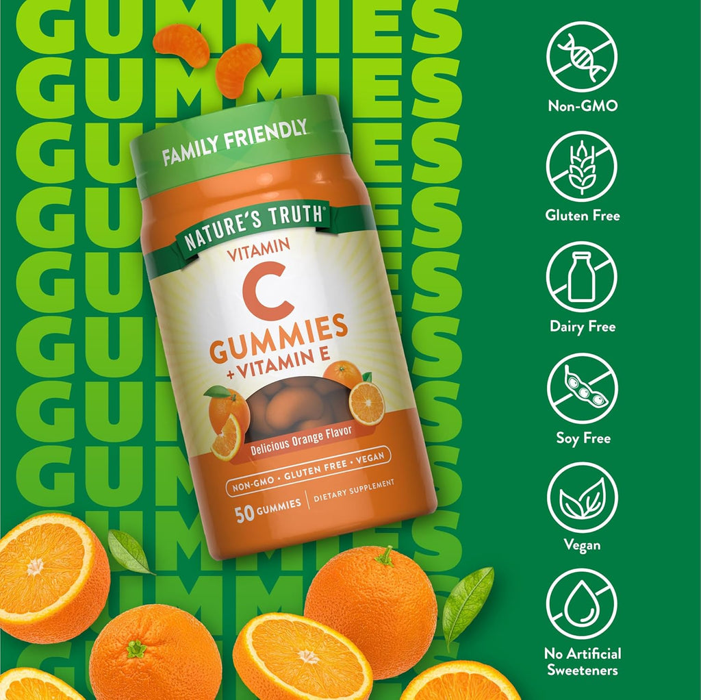 Nature's Truth Vitamin C Gummies | 50 Count | with Vitamin E | Orange Flavor | Vegan, Non-GMO & Gluten Free Supplement