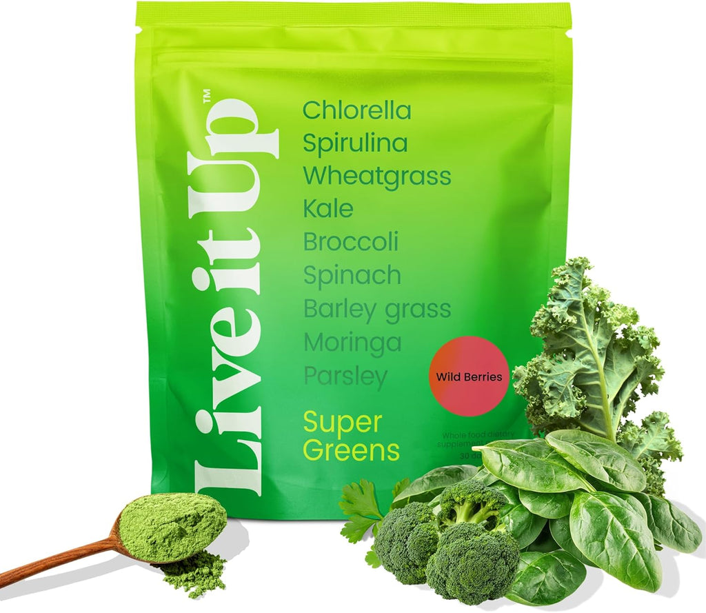 Live It Up Super Greens Powder | All-Natural Plant-Based Superfood Blend w Probiotics, Digestive Enzymes | Supports Gut Health, Immunity, Energy, & Daily Wellness | No Added Sugar - Berry, 30 Servings