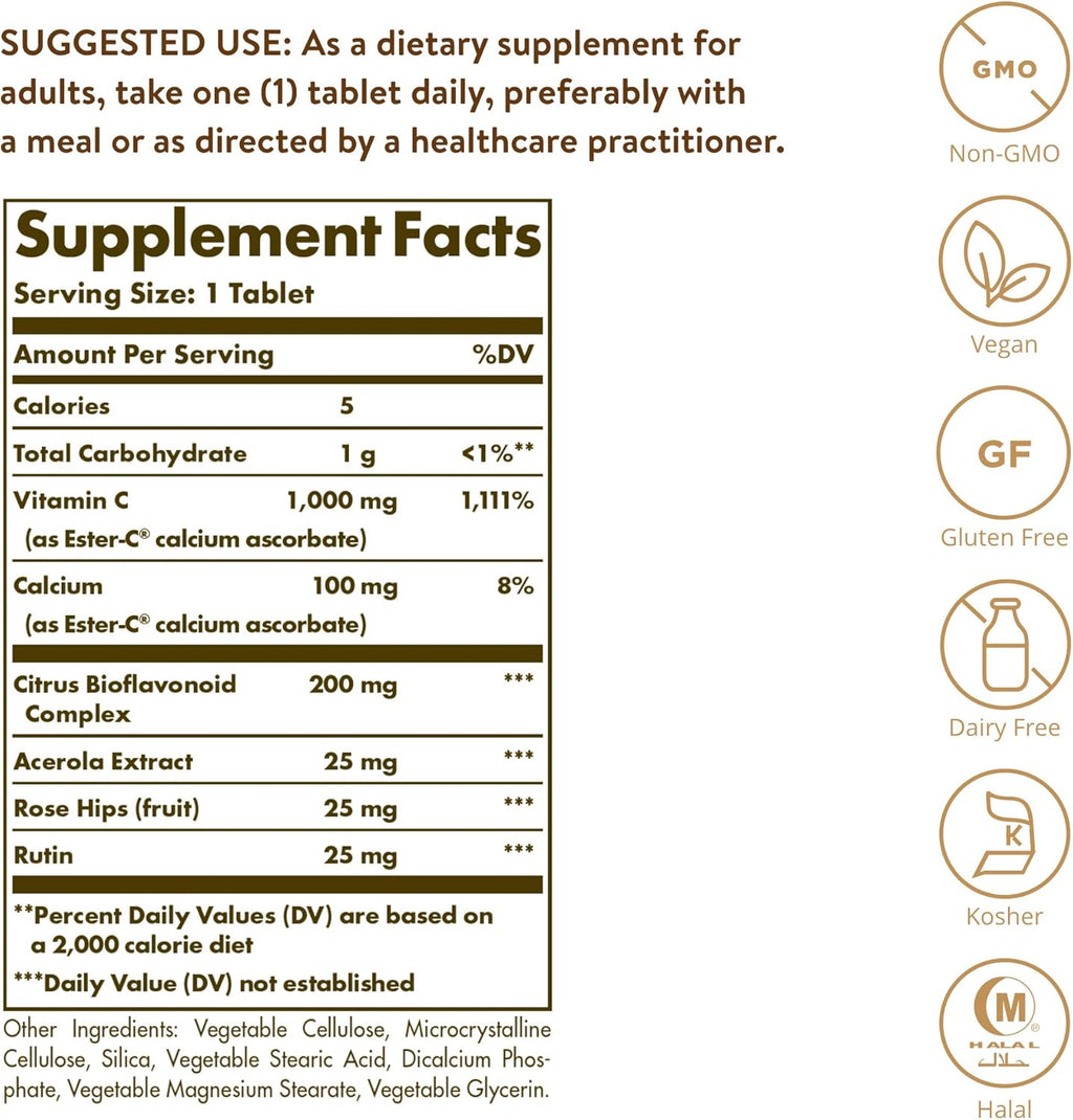 Solgar Ester-C Plus 1000 mg Vitamin C (Ascorbate Complex), 60 Tablets - Gentle On The Stomach & Non Acidic - Antioxidant & Immune System Support - Non GMO, Vegan, Gluten Free, Kosher - 60 Servings