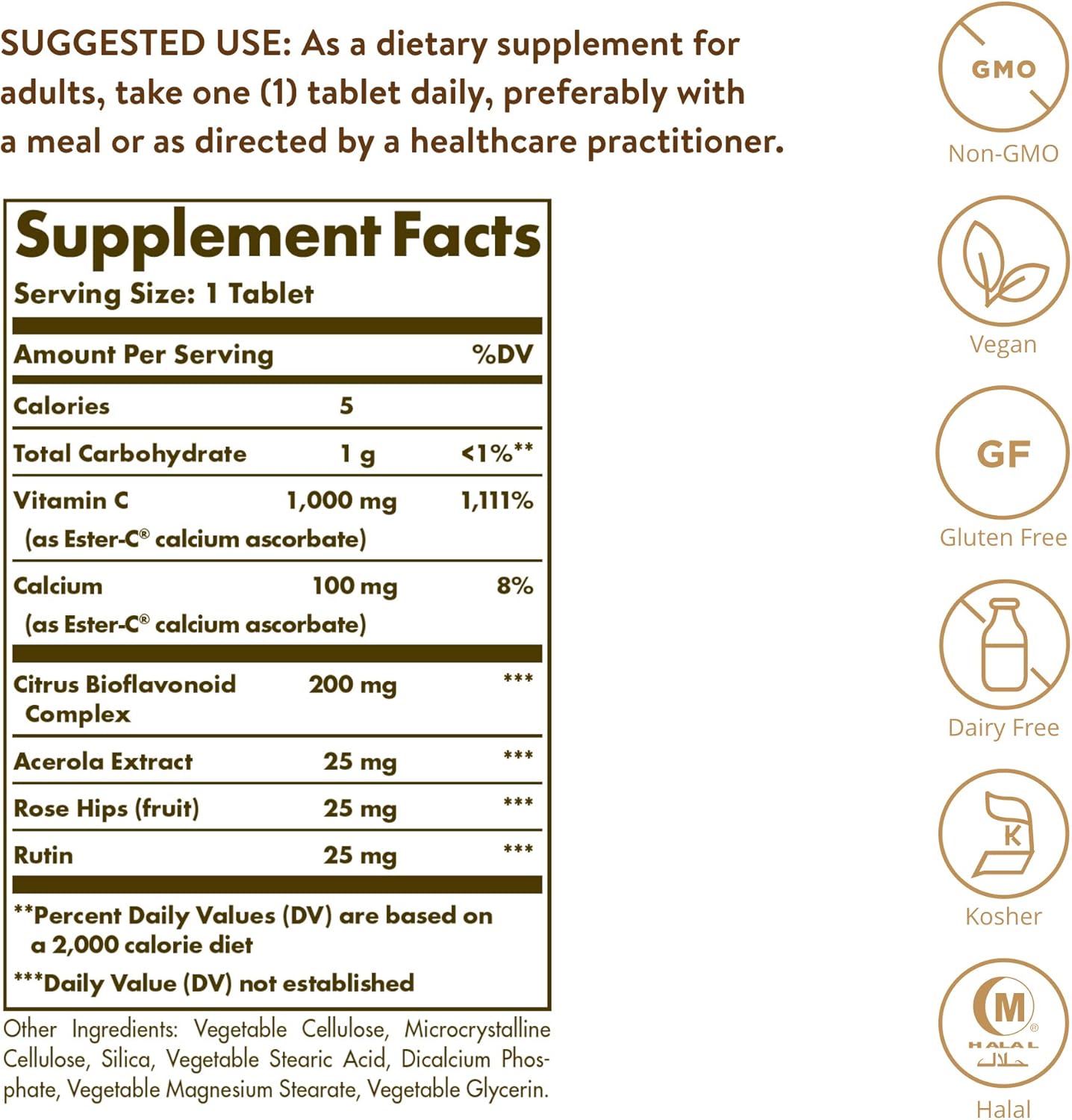 Solgar Ester-C Plus 1000 mg Vitamin C (Ascorbate Complex), 60 Tablets - Gentle On The Stomach & Non Acidic - Antioxidant & Immune System Support - Non GMO, Vegan, Gluten Free, Kosher - 60 Servings