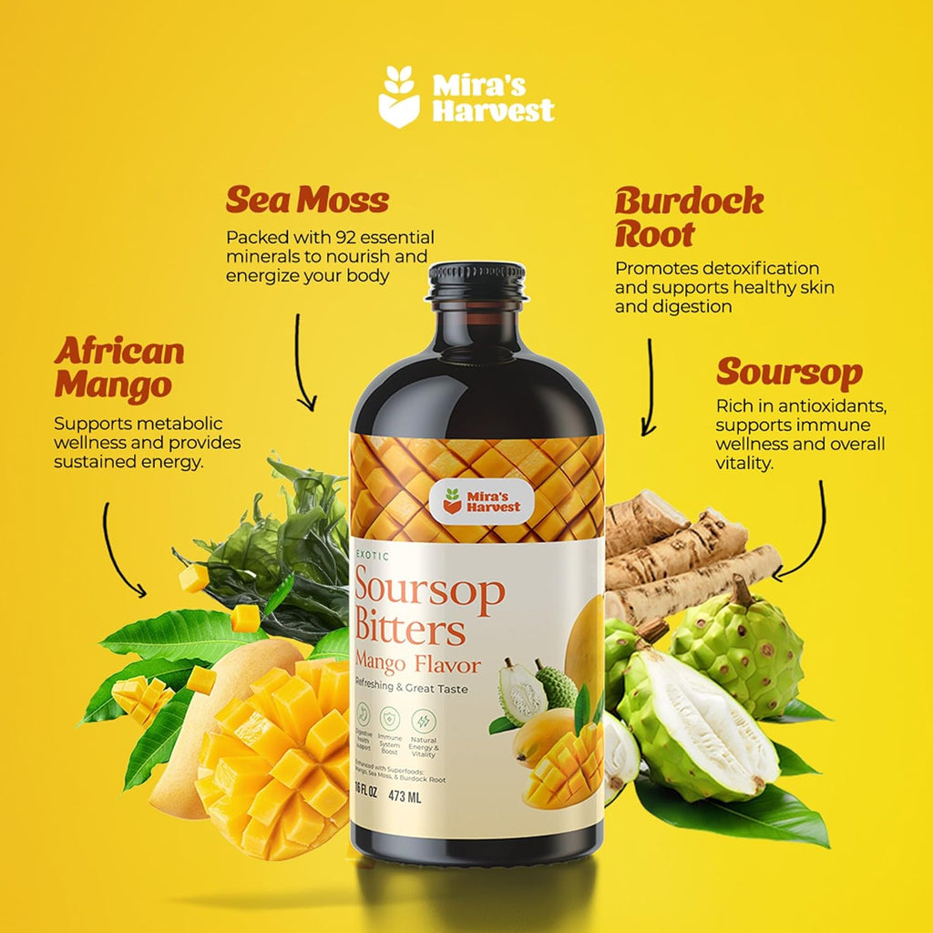 Mira's Harvest Soursop Bitters Liquid Mango Flavor, Premium Grade For Immune Boost, with Irish Moss, Burdock Root, African Mango 16oz