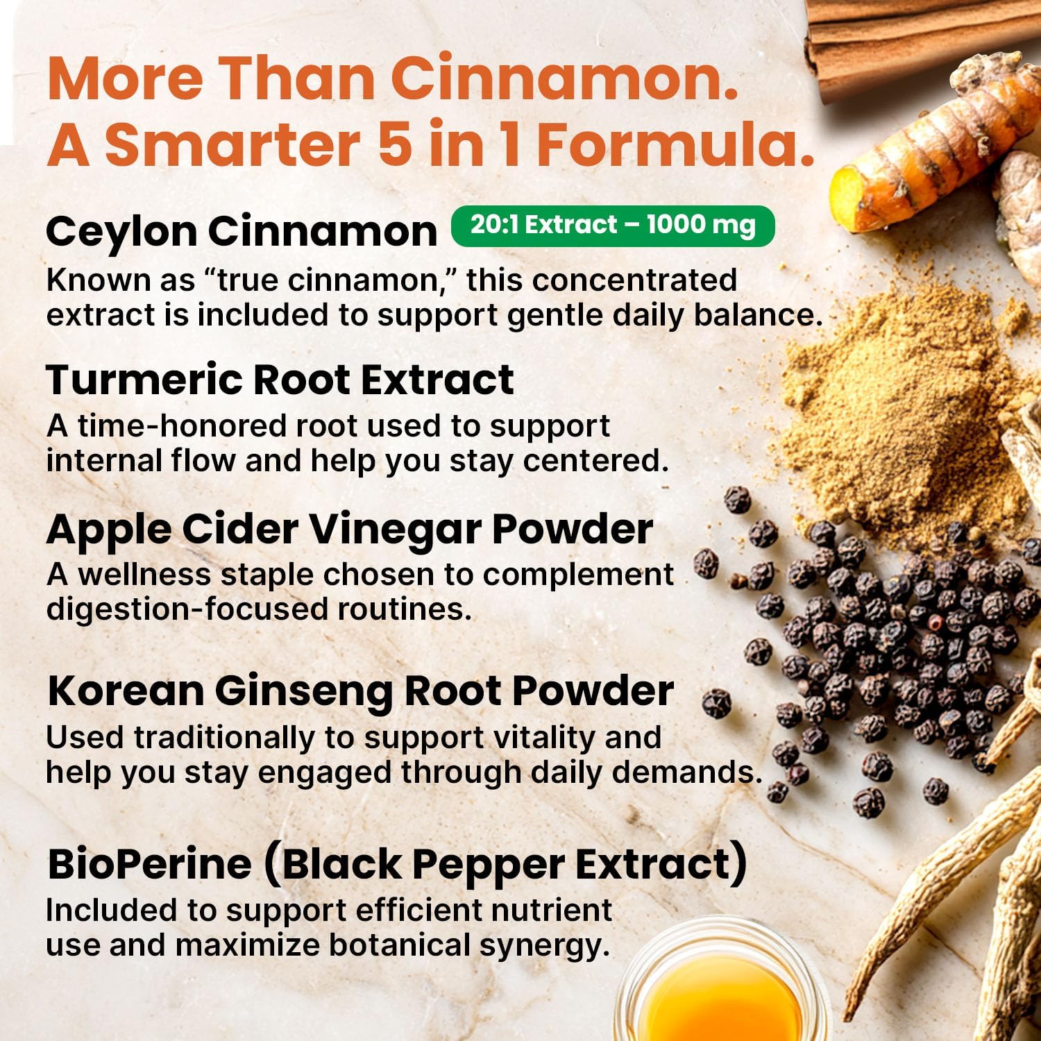 5-in-1 Ceylon Cinnamon Powder Extra Strength – Organic Ceylon Cinnamon Capsules with Turmeric, Apple Cider Vinegar, Korean Ginseng & BioPerine for Metabolism & Energy Support Pills (120 Ct, 4 Pack)