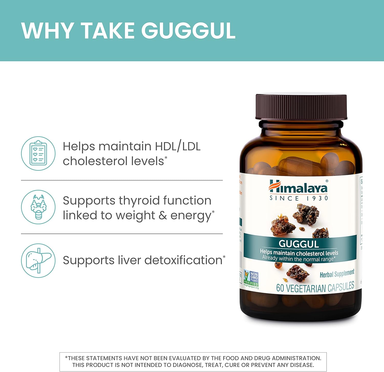 Himalaya Guggul Herbal Supplement, HDL & LDL Support, Liver Health, Liver Cleansing, Triglyceride Support, Bile Production, 720 mg, Non-GMO, Vegetarian, 60 Capsules, 1 Pack