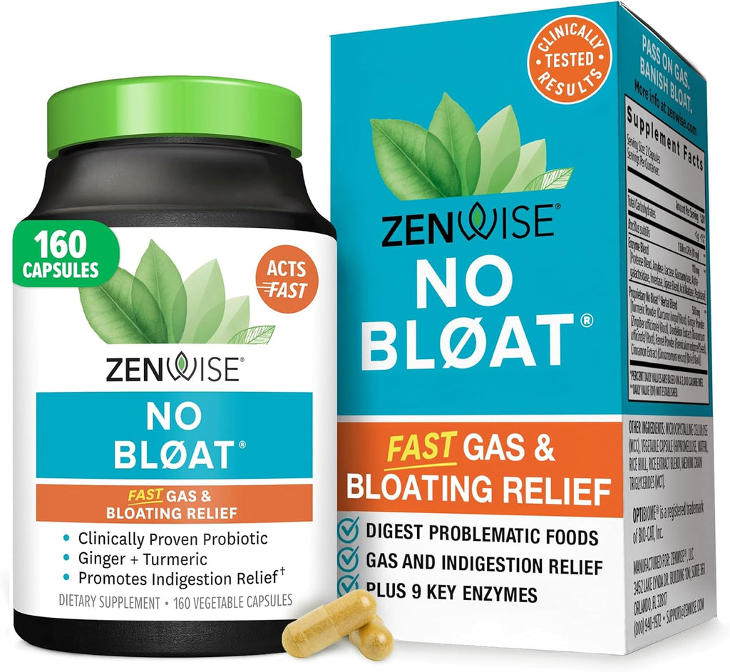 Zenwise Health No Bloat Digestive Enzymes for Gut Health, Gas & Bloating Relief - Multi Enzymes Digestion Supplement with Probiotics, Ginger, Turmeric Dandelion & Lactase - Men & Women - 160 Count
