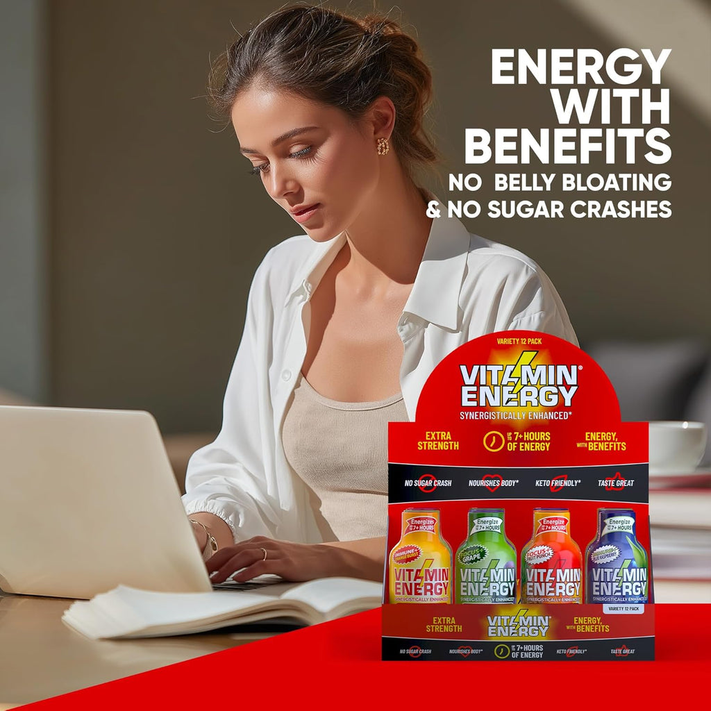 Vitamin Energy Extra Strength Energy Shot Variety Pack 12 Pack, 260mg Natural Caffeine, B-Vitamins, Vitamin D, NALT, Rhodiola, Mood, Focus, Immunity & Strength Support, Zero Sugar, Vegan, 1.93 fl oz