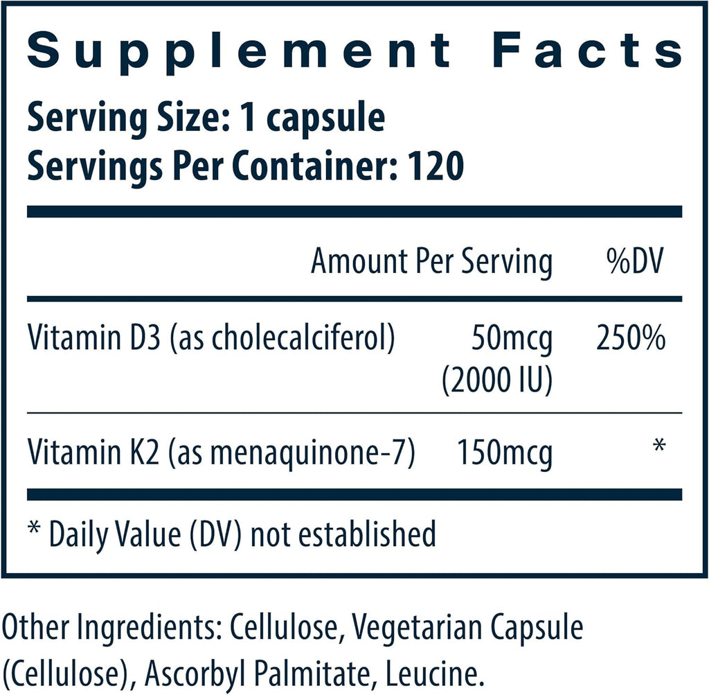 Vital Nutrients Vitamin D3 + K2 | 2000 IU | Vitamin D3 K2 Supplement | Vitamin D Complex for Healthy Calcium Levels, Muscle & Bone Health | Gluten, Dairy, Soy Free | 120 Capsules