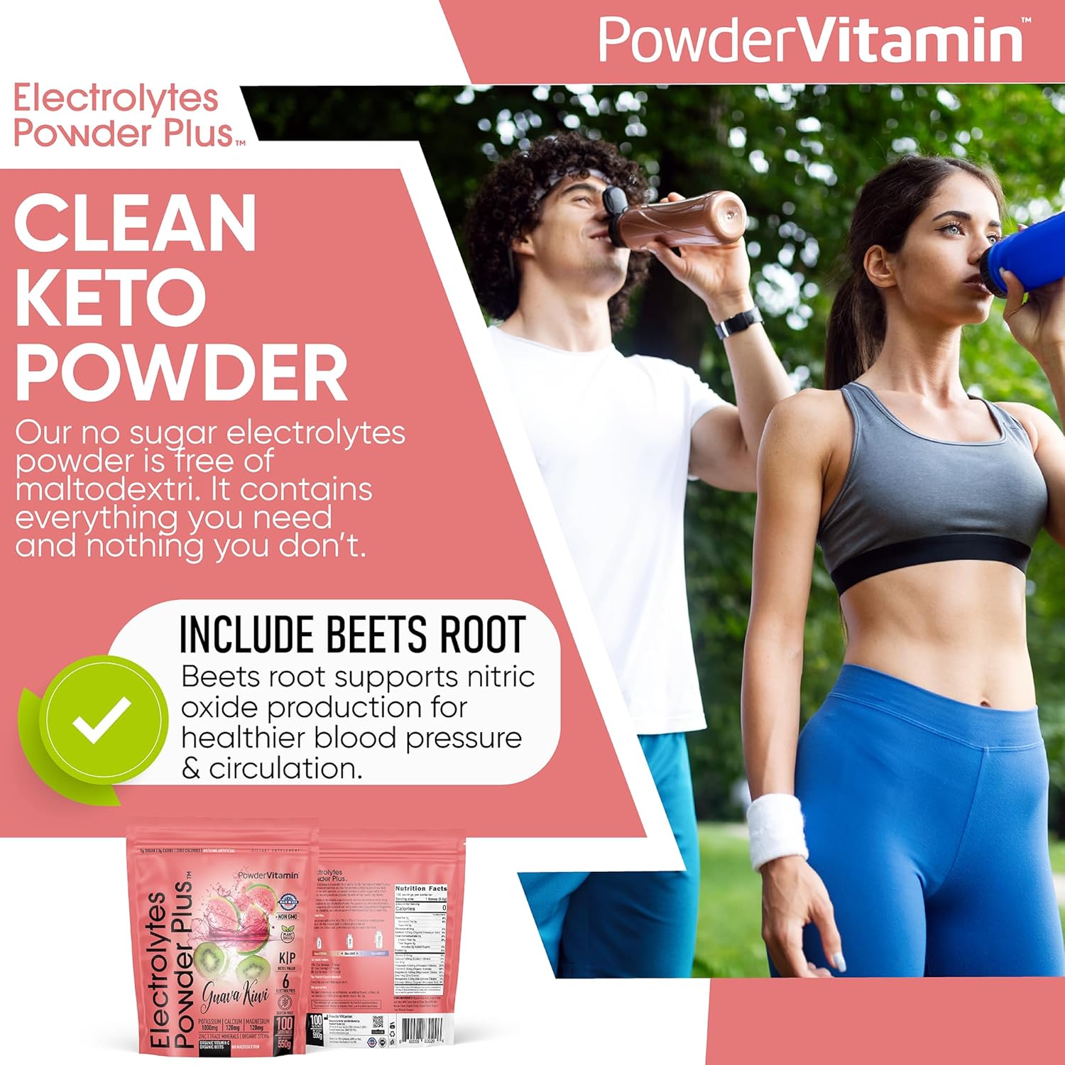 PowderVitamin Electrolytes Powder Plus (100 Servings) Guava Kiwi Electrolyte Powder, Zero Calorie, Keto, 0 Sugar, No Maltodextrin, 1000mg Potassium, 120mg Calcium, 120mg Magnesium, Hydration Powder