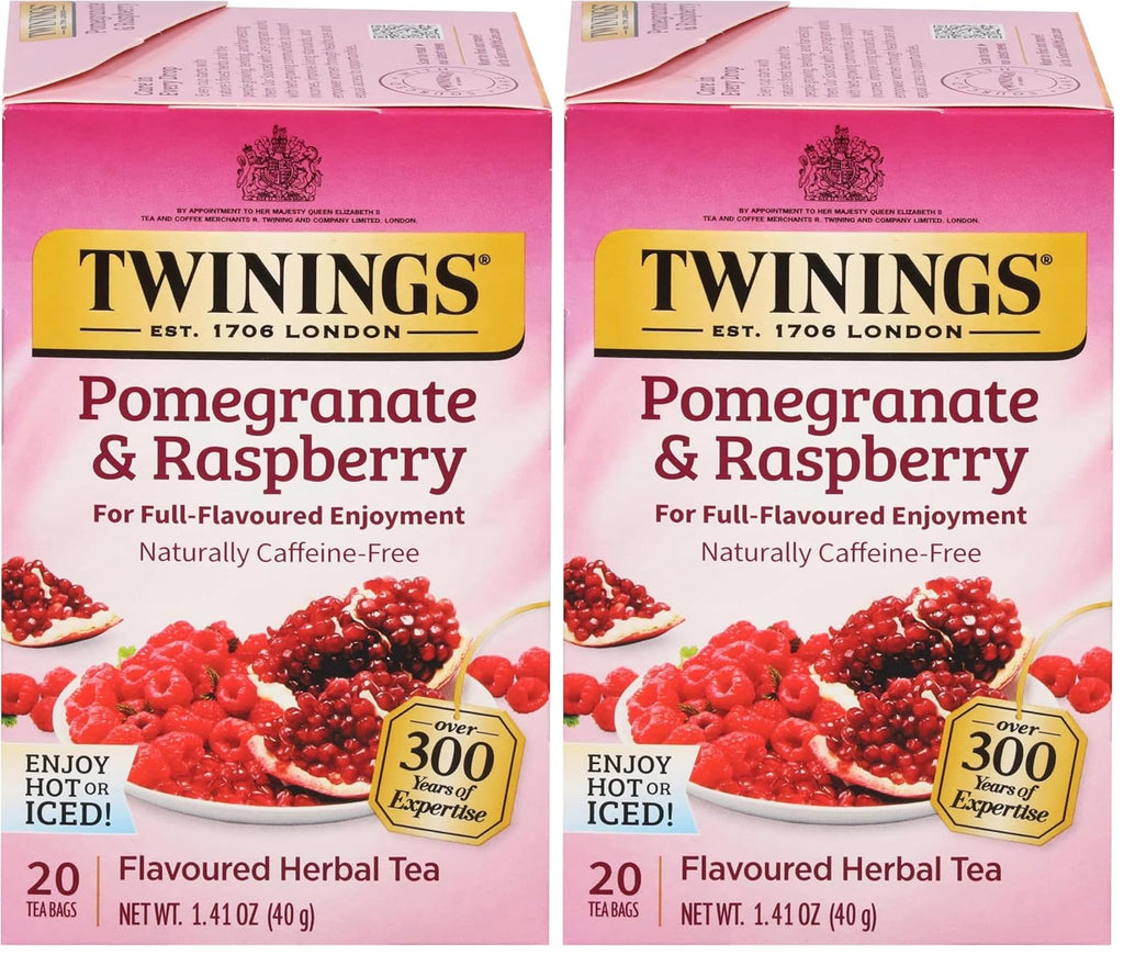 Twinings Pomegranate & Raspberry Herbal Tea Individually Wrapped Bags, 20 Count (Pack of 2), Naturally Caffeine-Free, Enjoy Hot or Iced, 20 Teabags