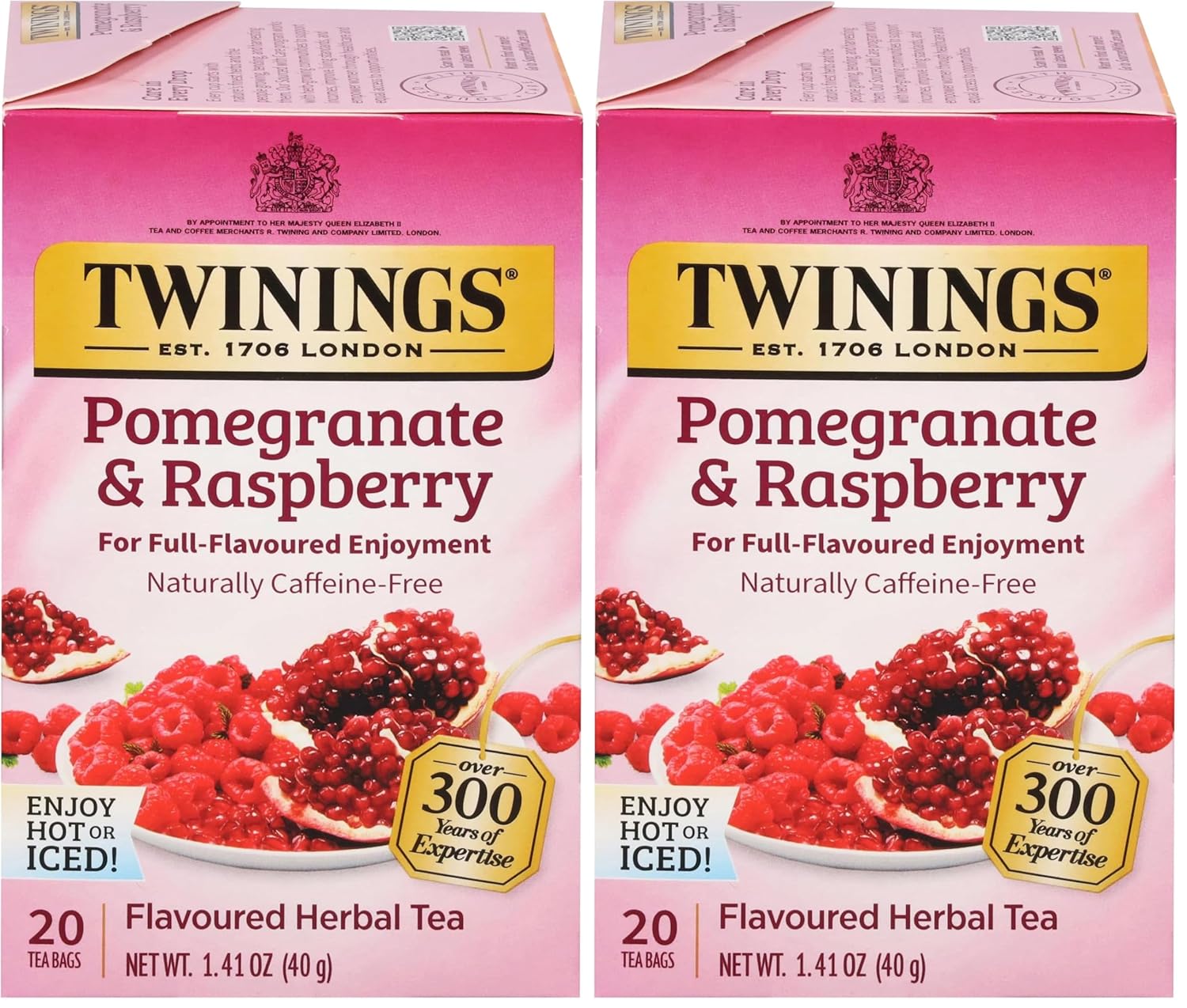 Twinings Pomegranate & Raspberry Herbal Tea Individually Wrapped Bags, 20 Count (Pack of 2), Naturally Caffeine-Free, Enjoy Hot or Iced, 20 Teabags