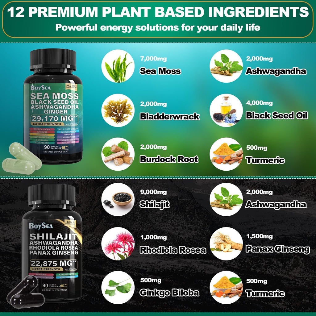 Boysea.Shilajit and Sea Moss Bundle- 90 Count - Sea Moss 7000mg, Black Seed Oil 4000mg, Ashwagandha 2000mg, Ginger & Shilajit 9000mg, Rhodiola Rosea 1000mg, All in 1 Supplements (1 Pc)