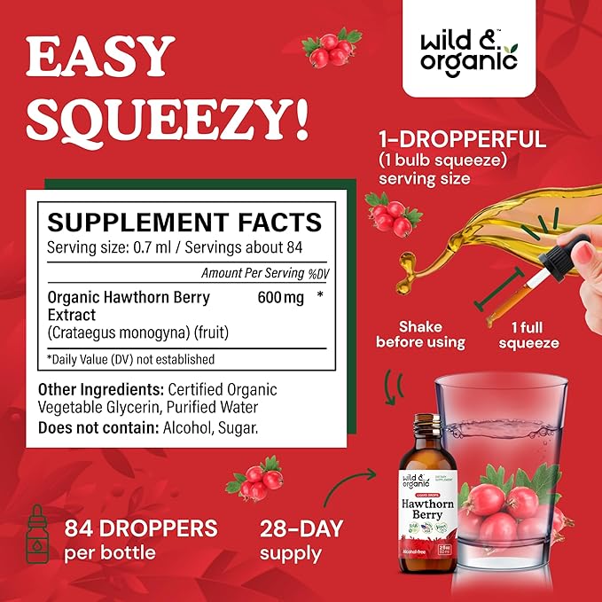 Wild & Organic Hawthorn Berry Extract Drops 600 mg - Liquid Hawthorne Supplement for Overall Support - Vegan, Sugar & Alcohol-Free Herb Tincture - 2 fl oz