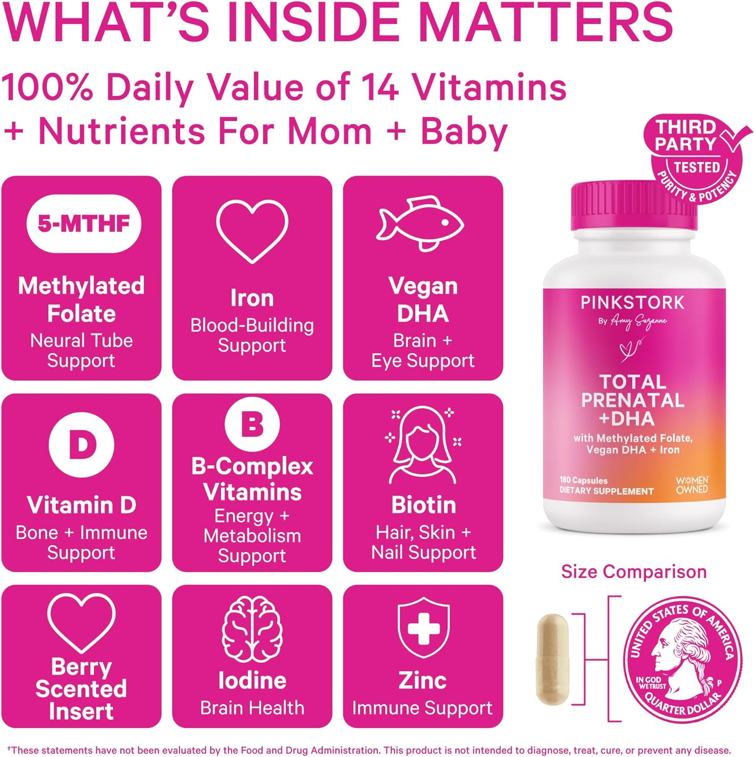 Pink Stork Total Prenatal Vitamins with DHA, Folate, and Iron, 3 Month Supply to Help Support Fetal Development, Pregnancy Must Haves - 180 Capsules