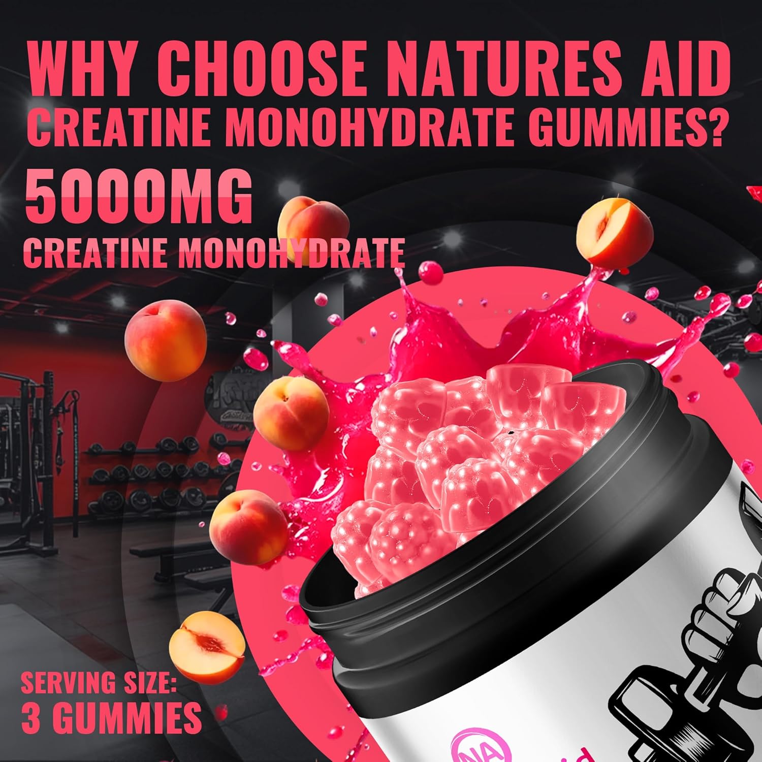 Natures Aid Creatine Monohydrate Gummies (5g) – Pre-Workout Energy & Muscle Growth Support for Men & Women | Peach Electrolyte Gummies (135 Count)