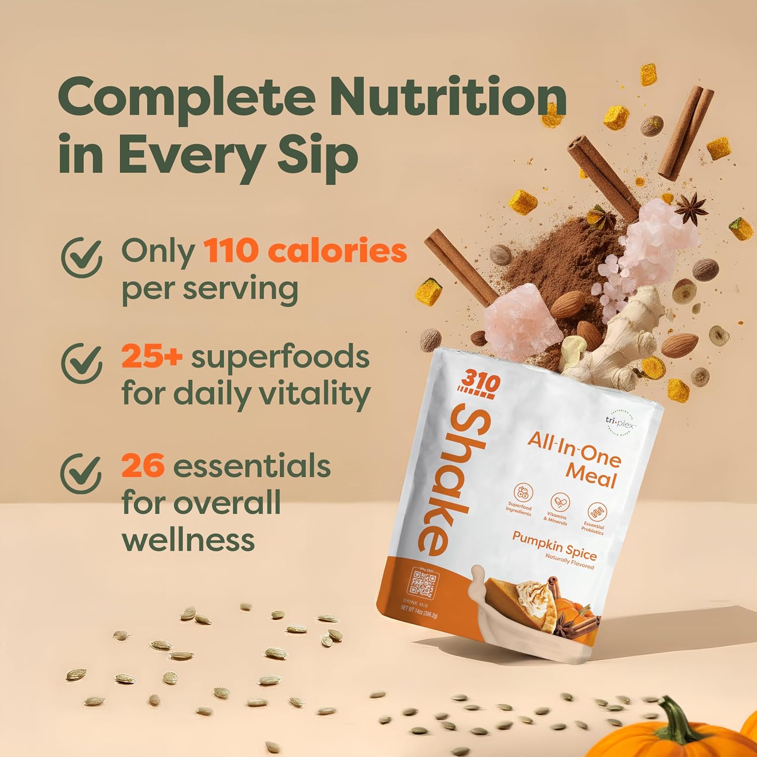 310 Nutrition - Vegan Organic Plant Powder and Meal Replacement Shake - Gluten, Dairy, and Soy Free - Keto and Paleo Friendly - 0 Grams of Sugar - Pumpkin Spice - 14 Servings