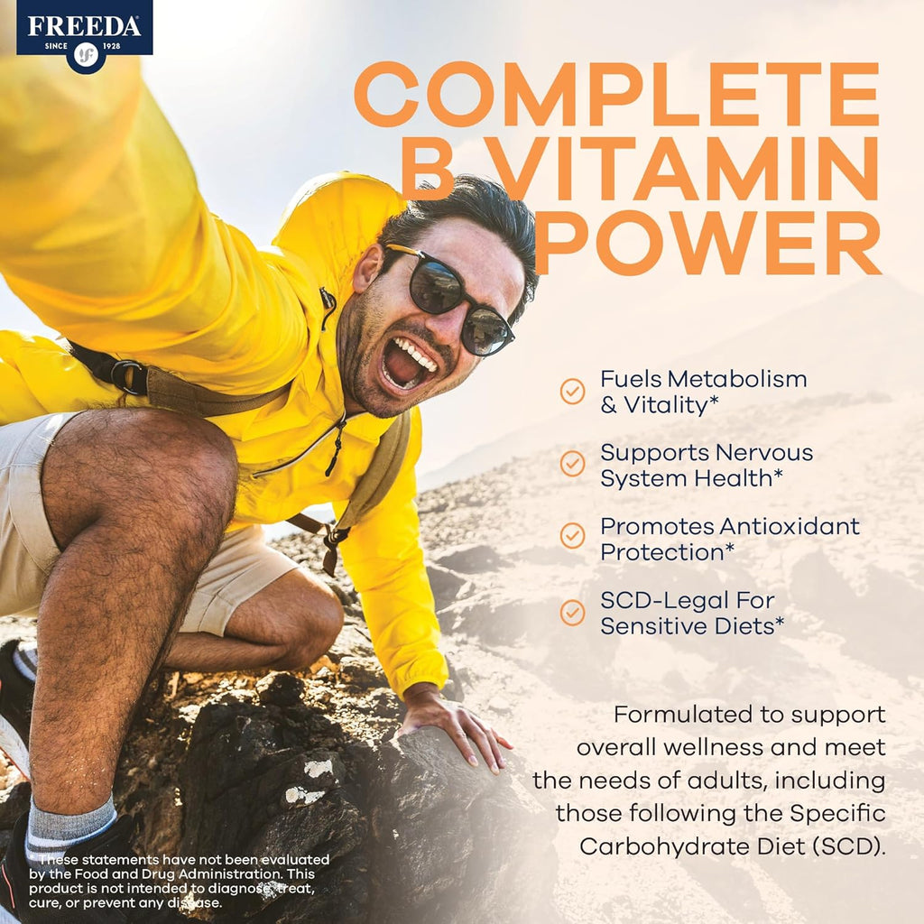 FREEDA Vitamin B Complex with Vitamin C & Zinc – Stress B Complex, Methylfolate & Active B12 + B1 B2 B3 B6 Biotin Choline – BComplex Vitamins for Women & Men – SCD Legal, Kosher, Vegan (60 Capsules)