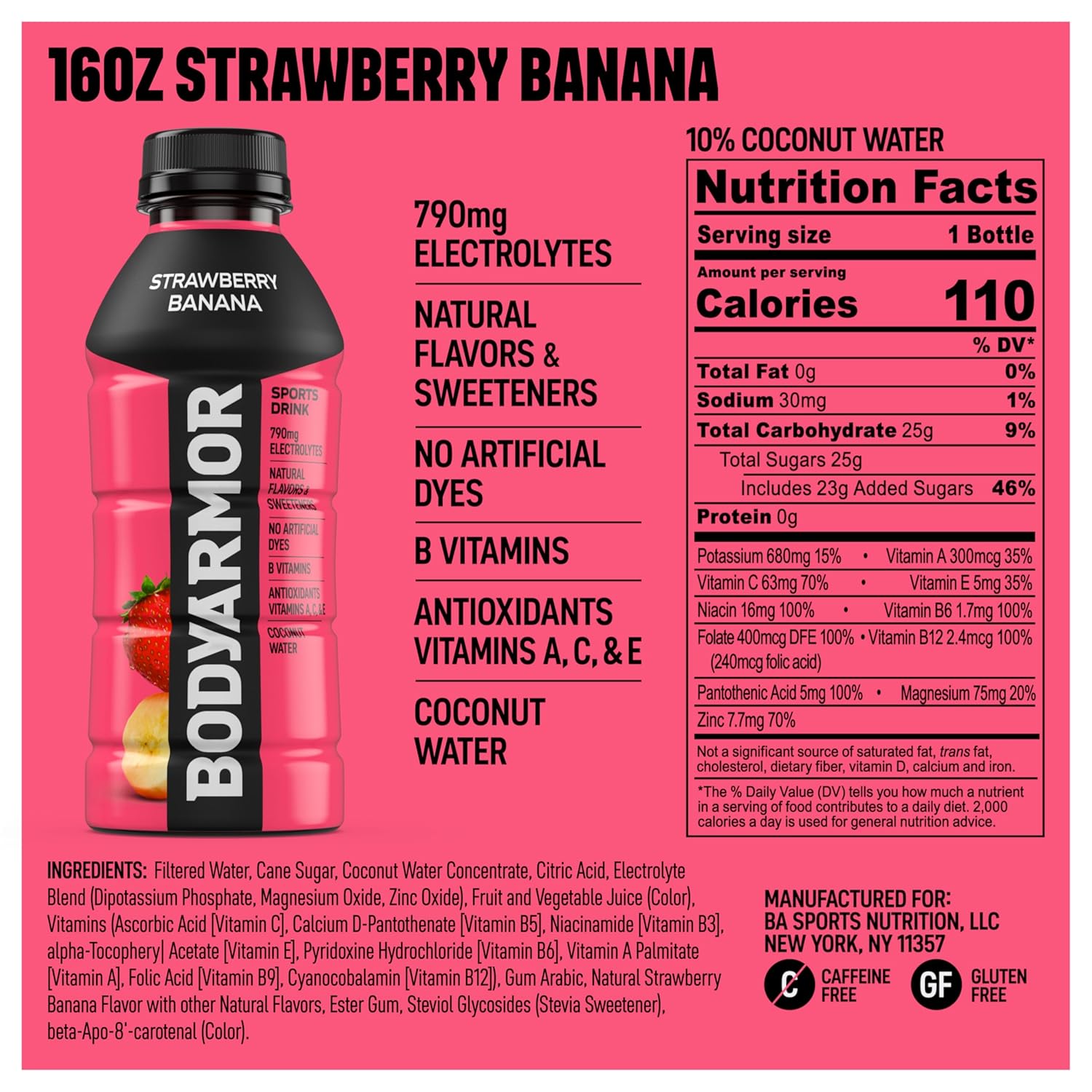BODYARMOR Sports Drink Sports Beverage, Strawberry Banana, Coconut Water Hydration, Natural Flavors With Vitamins, Potassium-Packed Electrolytes, Perfect For Athletes, 16 Fl Oz (Pack of 12)