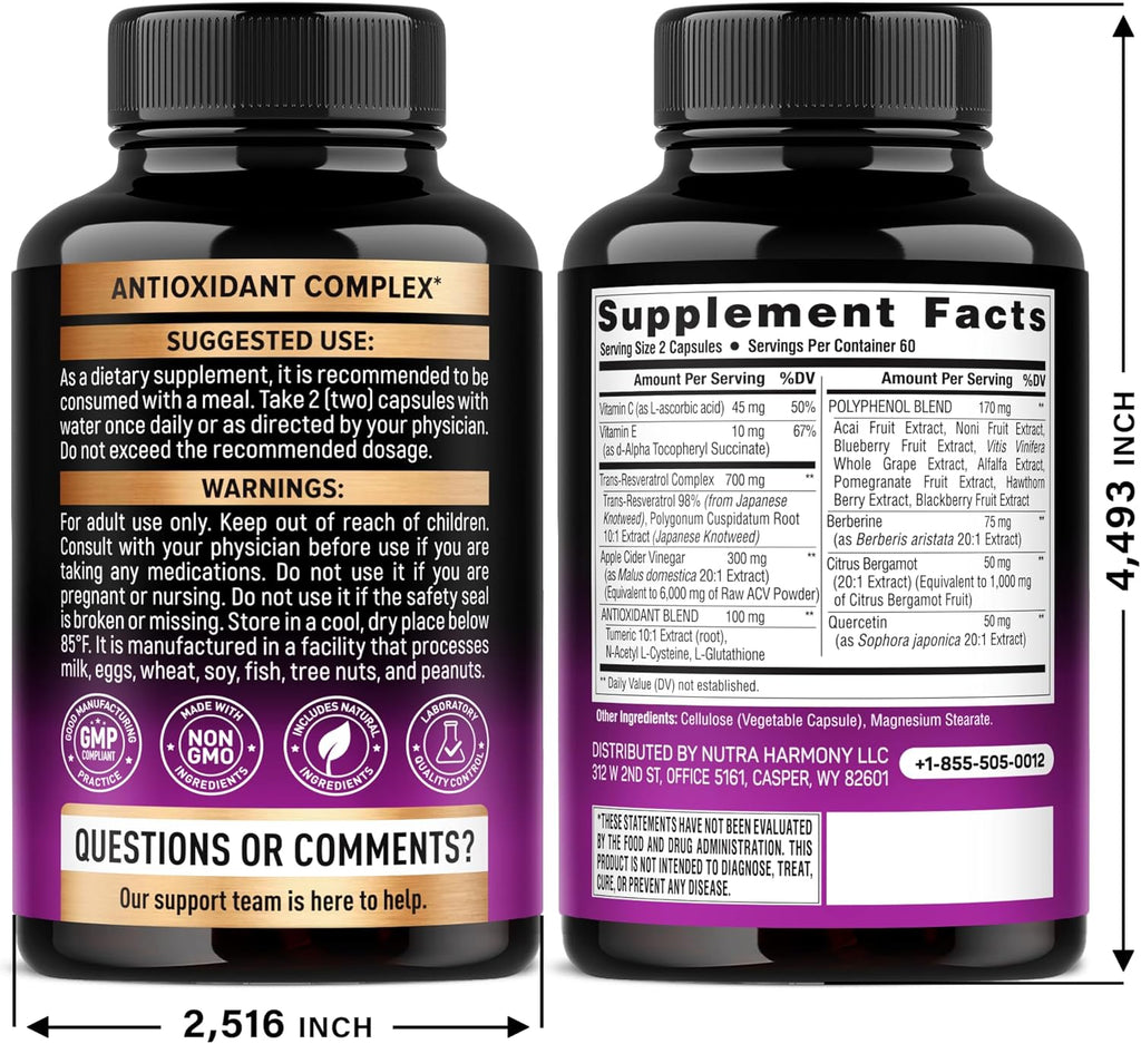 Resveratrol Supplement - 19-in-1 Organic Polyphenol Complex - Noni Extract | Berberine | Quercetin | Apple Cider Vinegar | Acai - Made in USA - Antioxidant & Heart Health Support - 120 Capsules