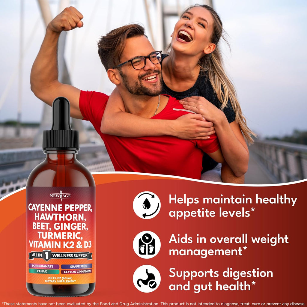 Cayenne Pepper Supplement Liquid Drops + Hawthorn Berry, Vitamin D3 K2 Beet Root Powder, Ceylon Cinnamon, Turmeric Curcumin, Organic Panax Ginseng - 8 oz