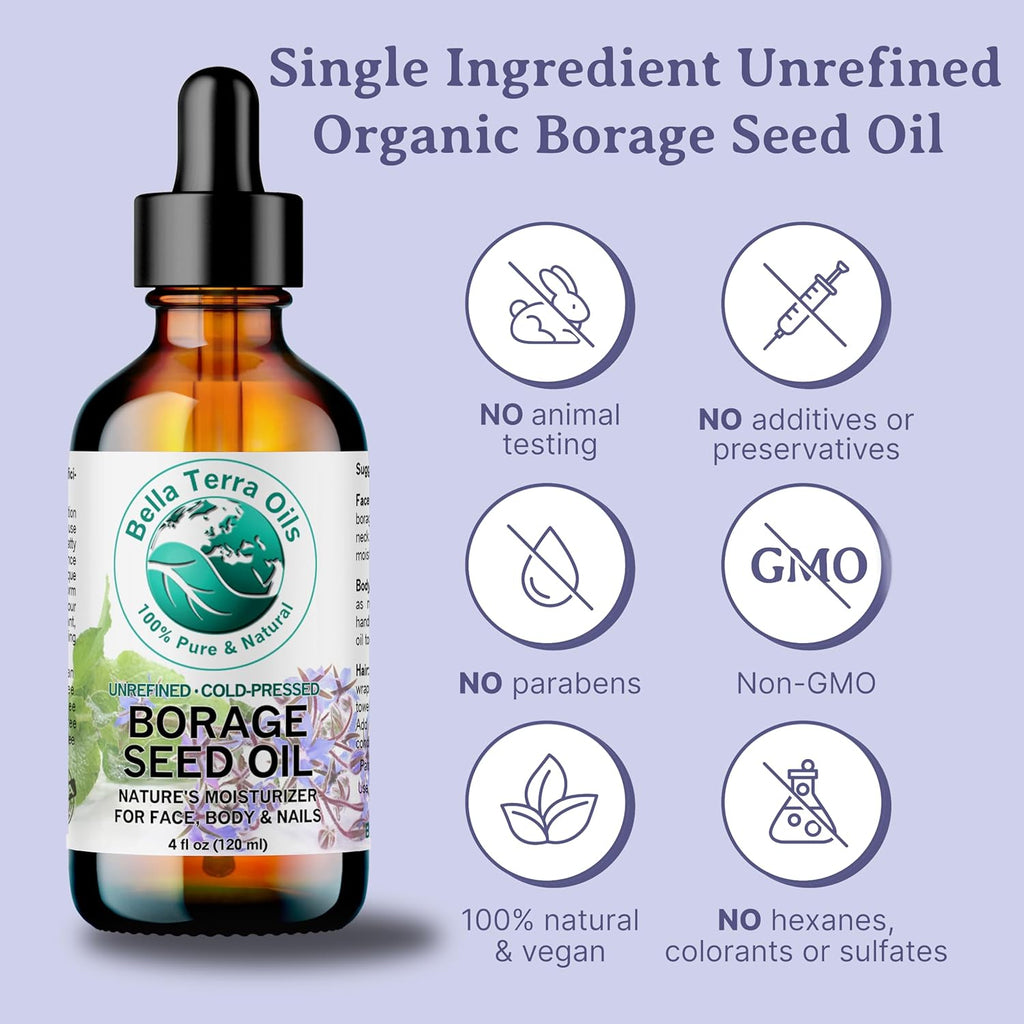 Bella Terra Oils - Organic Borage Seed Oil 16 oz - Unveiling the Power of GLA & Vital Vitamins, Pure Nourishment, Elevate Every Skin Care Routine