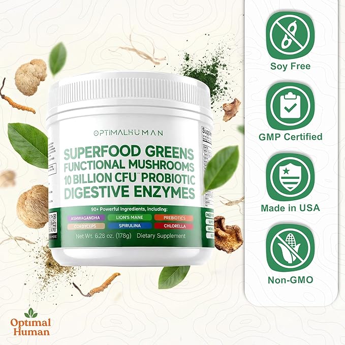 Optimal Human Superfood Greens Powder – 90+ Ingredient Blend with Lion’s Mane Supplement, Ashwagandha & Turmeric – Non-GMO, Soy-Free, Mushroom Supplements for Women - 6.28 oz