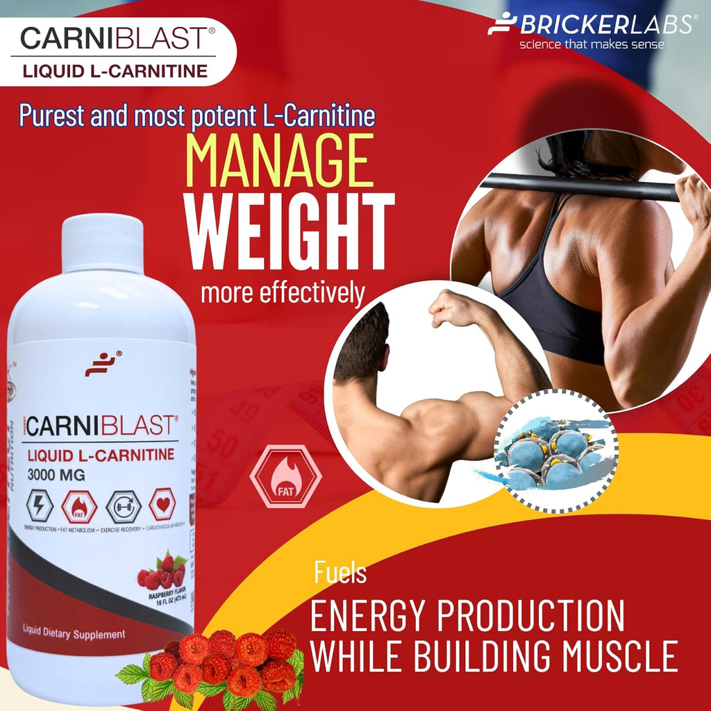 CARNIBLAST Liquid L-Carnitine 3000mg, Premium L Carnitine Carnipure, Energy Nutrition, Energy Supplement and Energy Booster, Raspberry, 16 fl oz