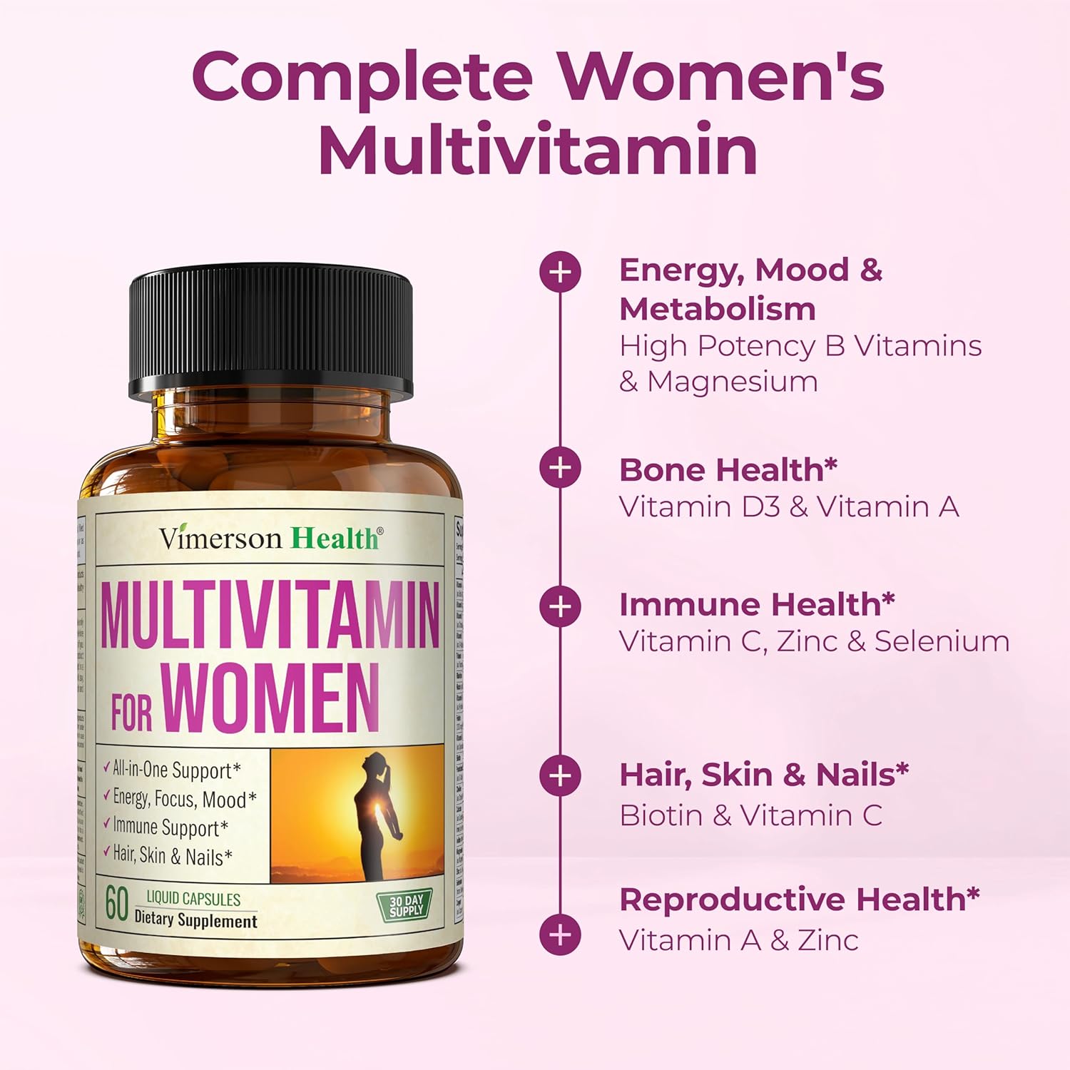 Multivitamin for Women – Essential Womens Multivitamins & Multiminerals 60 Liquid Capsules with Vitamin B12, A, D, C, Zinc, Magnesium & More for Total Wellness – 29 Key Nutrients & Vitamins for Women