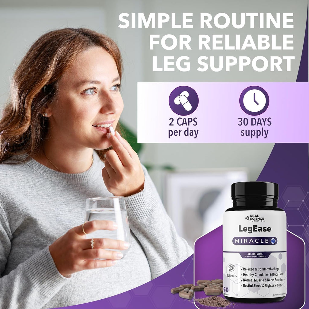 Real Science LegEase Miracle – All Natural Restless Legs Syndrome Relief & Leg Cramp Supplement with Vitamins C, D, K, B6, B12 + Nitric Oxide Support – Sleep & Circulation Aid – Made in USA, 60 Caps