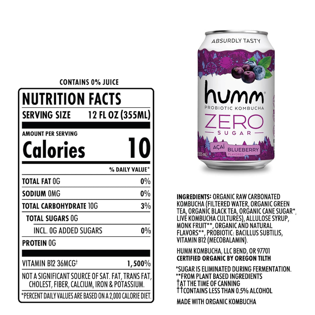 Humm Probiotic Kombucha Zero Sugar Acai Blueberry, No Refrigeration Needed, Keto Friendly, Organic, Vegan, Gluten Free, 12oz Cans (16 Pack)
