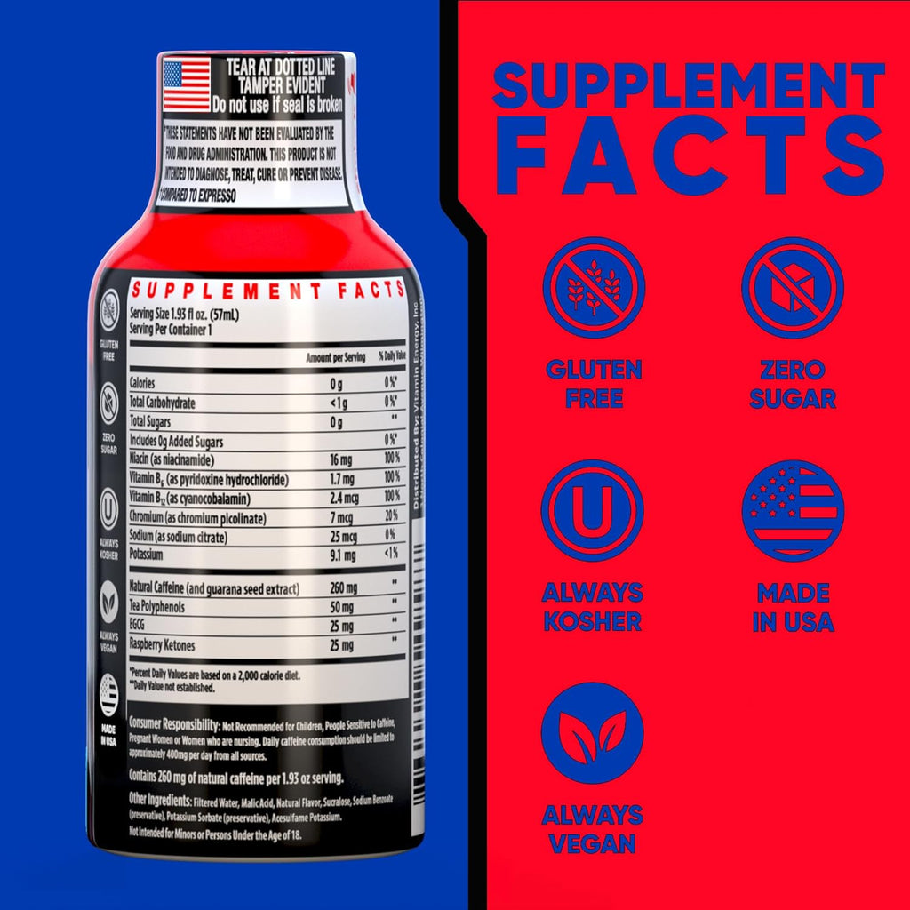 Vitamin Energy Burner+ Extra Strength Energy Shot Pomegranate Açaí 48 Pack, 260mg Natural Caffeine, 25mg Ketones, Green Tea, EGCG, Metabolism, Endurance, Zero Sugar, Gluten-Free, Vegan, 1.93 fl oz